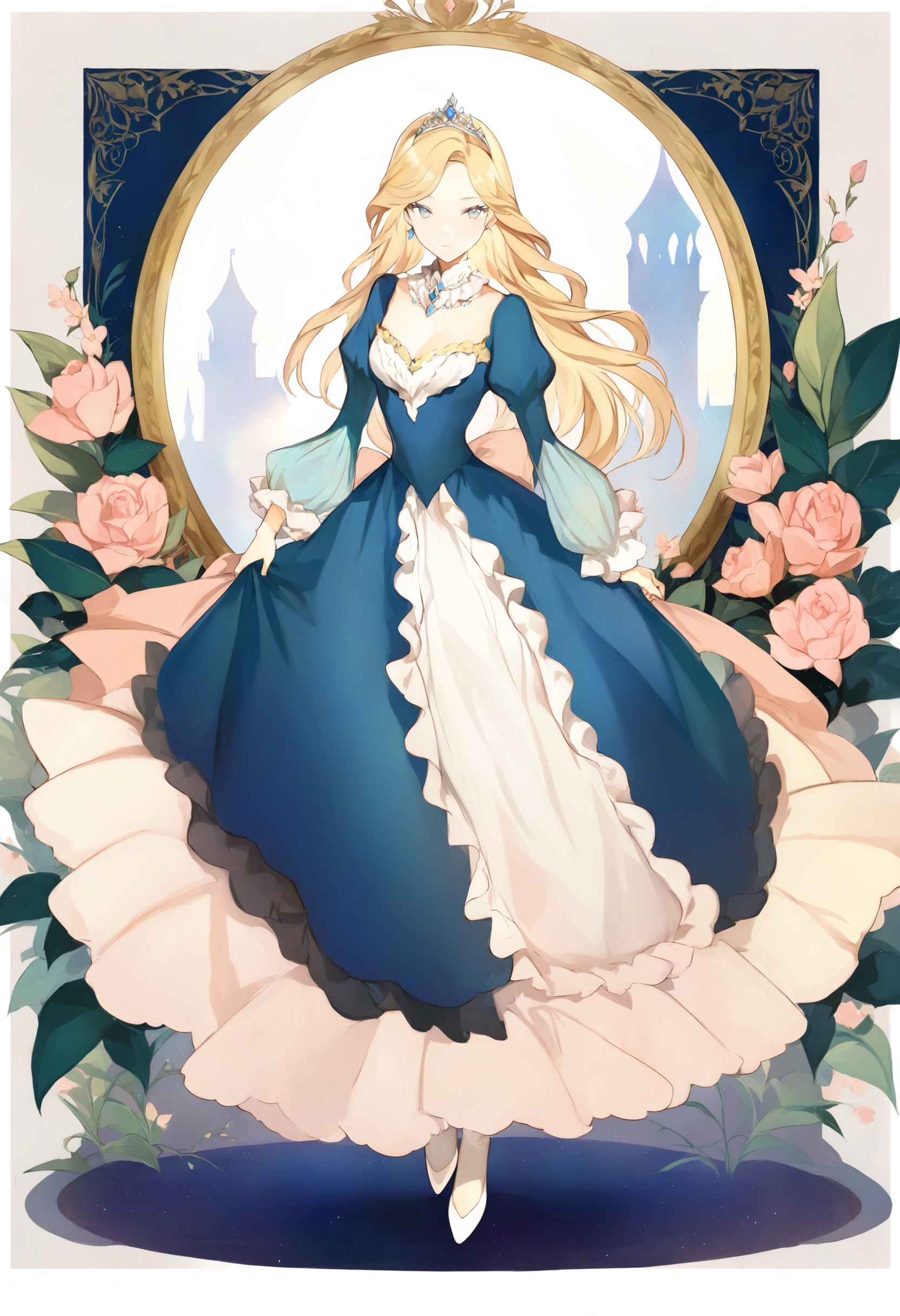 best quality, masterpiece,1girl, long hair, dress, solo, full body, blue eyes, blonde hair, frills, puffy sleeves, long sleeves, looking at viewer, jewelry, floral background, very long hair, blue dress, white dress, juliet sleeves, standing, bangs, border, tiara, frilled dress, layered sleeves, breasts, hand up, framed, white background, white footwear, swept bangs, flower, detached collar, shoes, outside border, long dress, crown, closed mouth ,_背景<lora:lpmyaXLlokr4f-000143:1>