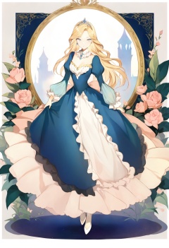 best quality, masterpiece,1girl, long hair, dress, solo, full body, blue eyes, blonde hair, frills, puffy sleeves, long sleeves, looking at viewer, jewelry, floral background, very long hair, blue dress, white dress, juliet sleeves, standing, bangs, border, tiara, frilled dress, layered sleeves, breasts, hand up, framed, white background, white footwear, swept bangs, flower, detached collar, shoes, outside border, long dress, crown, closed mouth ,_背景 <lora:lpmyaXLlokr4f-000143:1>