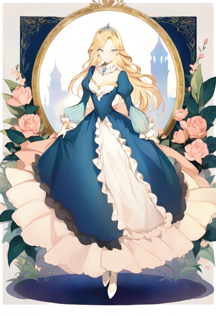 best quality, masterpiece,1girl, long hair, dress, solo, full body, blue eyes, blonde hair, frills, puffy sleeves, long sleeves, looking at viewer, jewelry, floral background, very long hair, blue dress, white dress, juliet sleeves, standing, bangs, border, tiara, frilled dress, layered sleeves, breasts, hand up, framed, white background, white footwear, swept bangs, flower, detached collar, shoes, outside border, long dress, crown, closed mouth ,_背景 <lora:lpmyaXLlokr4f-000143:1>