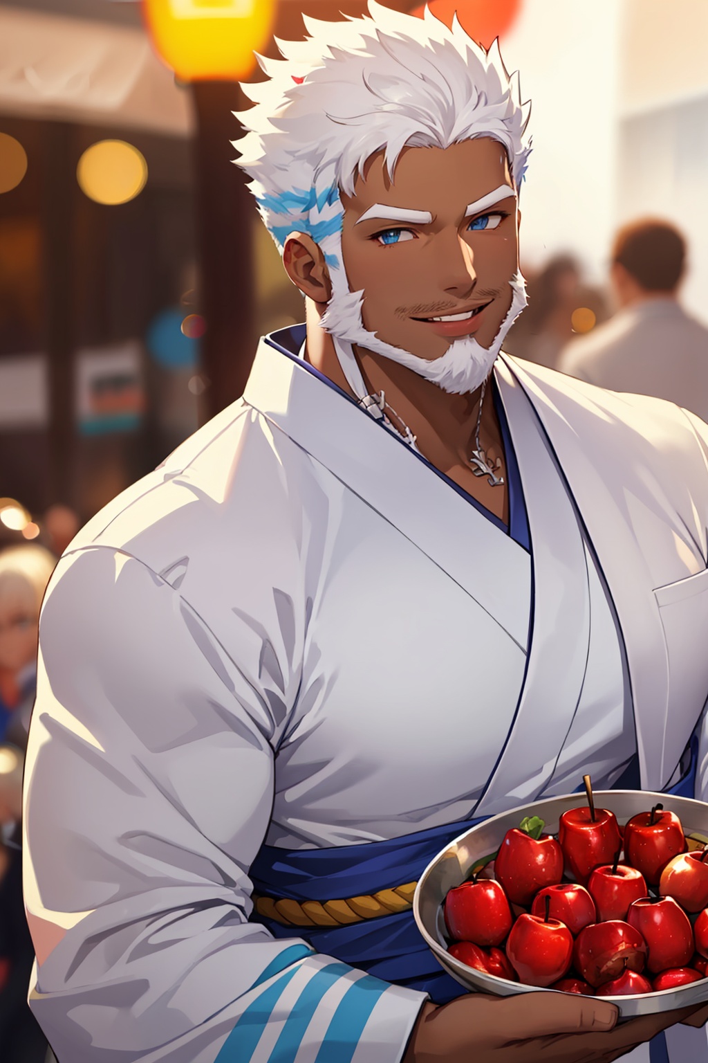 masterpiece,best quality, highly detailed, aegir (housamo),solo, 1boy, beard, kimono, mature male, dark-skinned male, alternate costume, bara, candy apple, muscular male, looking at viewer, festival, blurry background, hair strand, upper body, smile,<lora:aegir_(housamo):1>