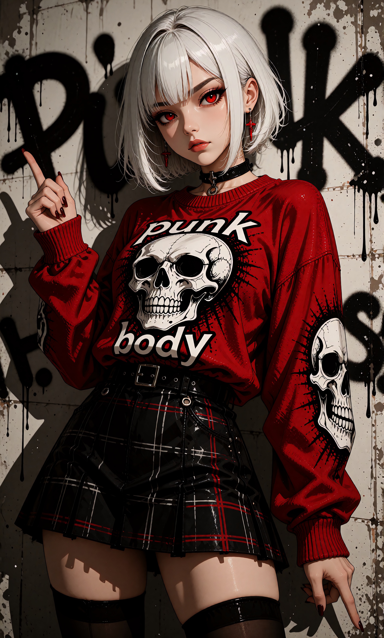 An anime-style illustration of a ***** woman posing confidently against a grungy wall with graffiti. the woman,  who appea...
