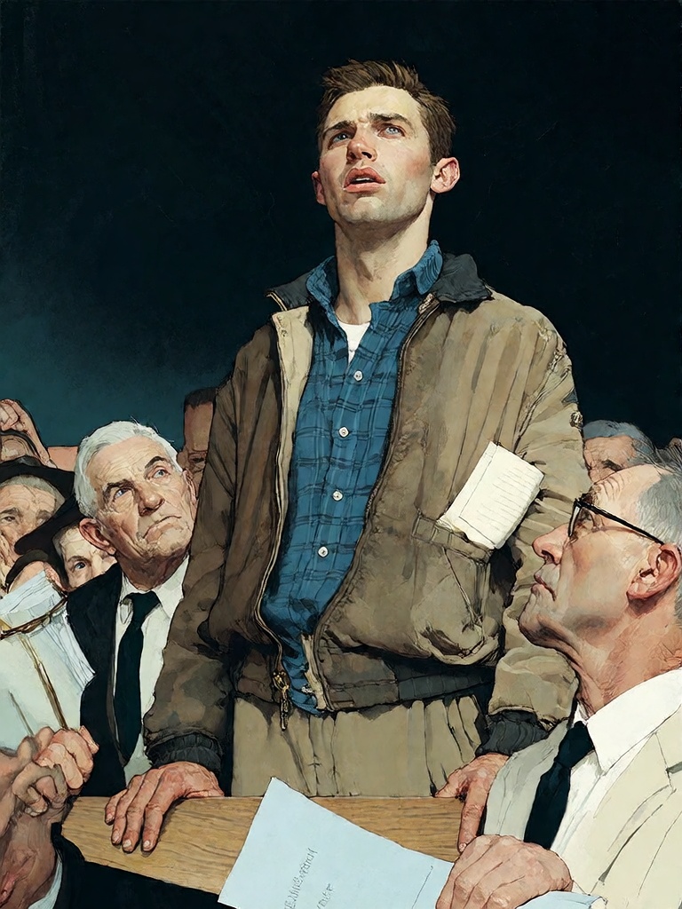 Bradhamel art style.Freedom of Speech — a dramatic illustration depicting a young man in a worn brown jacket over a blue p...