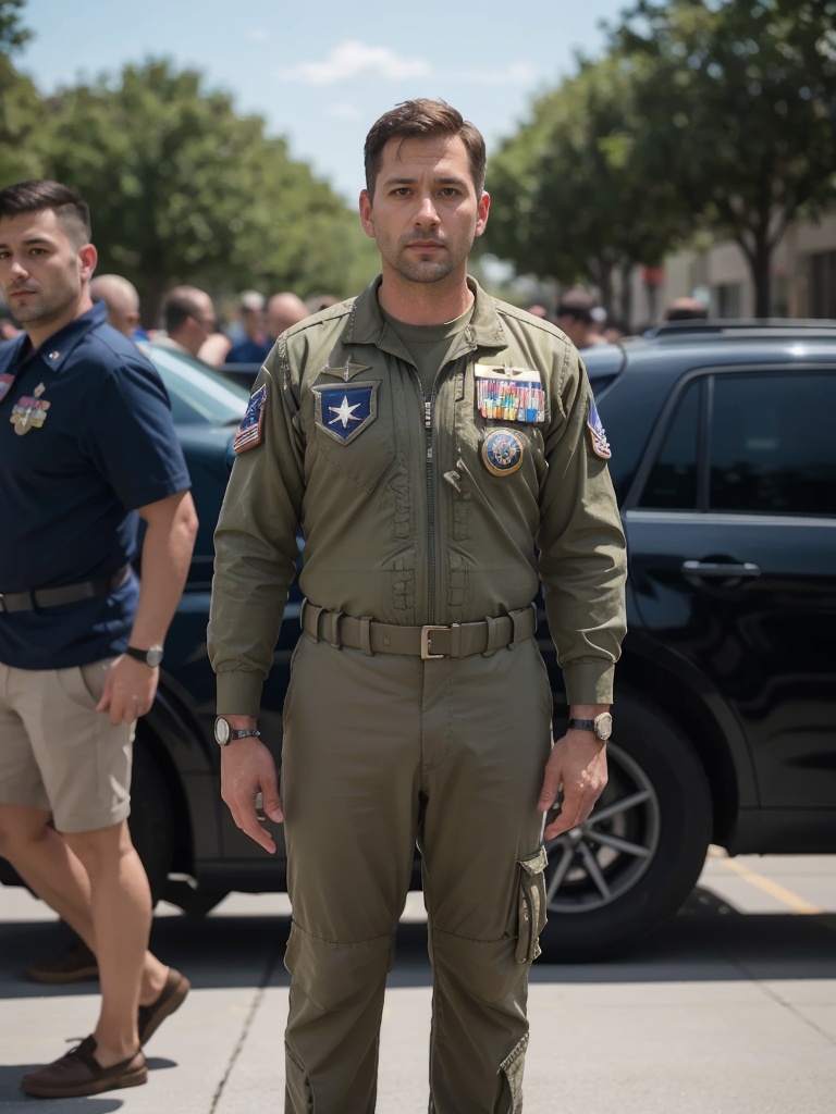 35 year old man dressed as highly decorated united states air force general ::1 looking at camera,  a full body,  shot wit...