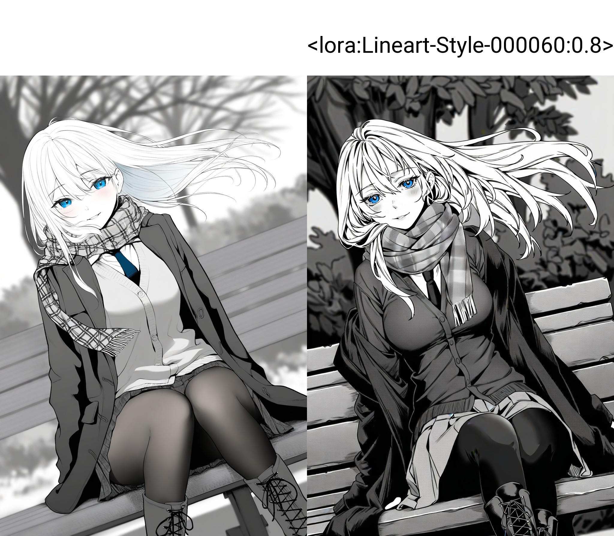 highres,absurdres,Visual impact,masterpiece,best quality,very aesthetic,amazing quality,newest,lineart,traditional media,greyscale,\\//,1girl,solo,blurry background,blue eyes,white hair,long hair,hair between eyes,floating hair,medium breasts,school uniform,black coat,cardigan,tie,collared shirt,pleated skirt,black leggings,scarf,lace-up boots,upper body,light blush,seductive smile,parted lips,straight on,dutch angle,looking at viewer,sitting,bench,outdoors,bush,oak tree,
