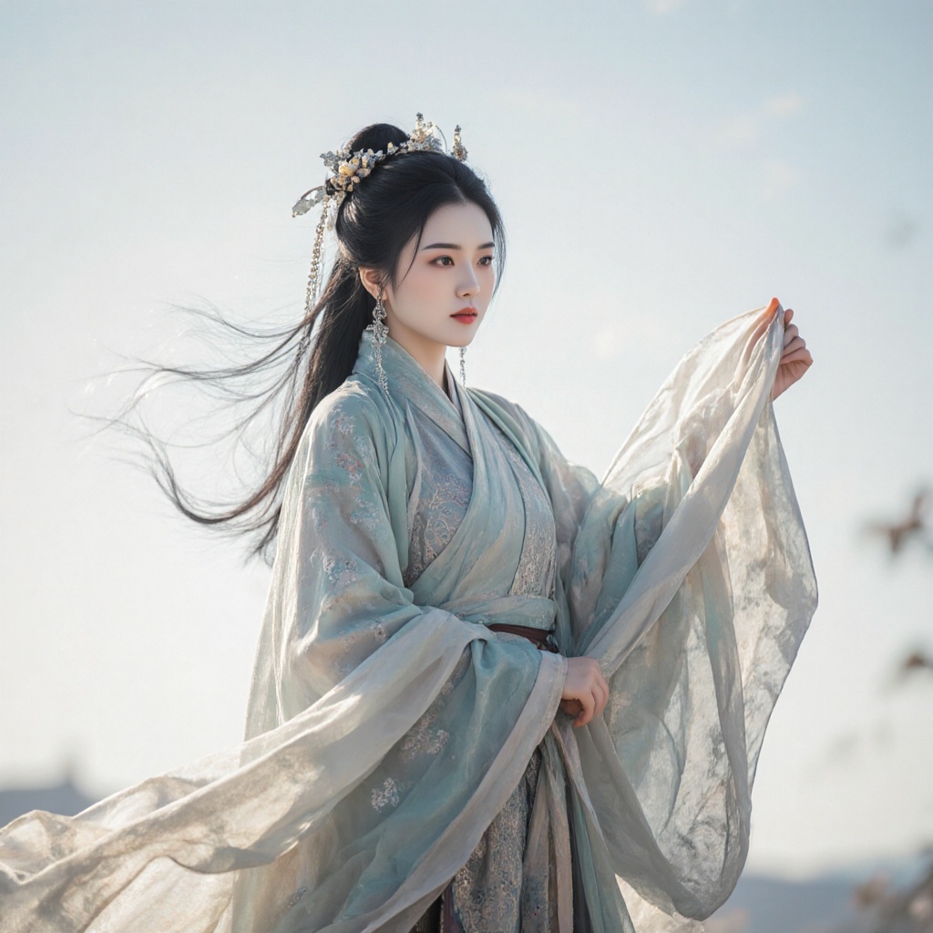 An ancient Chinese beauty, wearing traditional costume, with her clothes gently fluttering in the breeze.