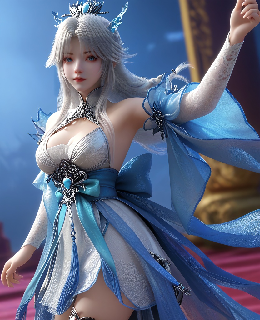 (dancing,jumps:1.1),looking at viewer,(large breasts:1.2),<lora:XL16云深不知梦龙儿:0.95>,miss longer,white dress with blue train,blue eyes,mole under left eye,white hair,long hair,half-up braid with long cascading hair,hair ornament,blue wide flowing sleeves,sash,opera gloves sleeves of white,crystal horns,adolescent girl,, score_9,score_8_up,score_7_up,score_6_up,score_5_up,score_4_up,3d rendering,tag1,tag2, Cinematic Lighting,backlighting,