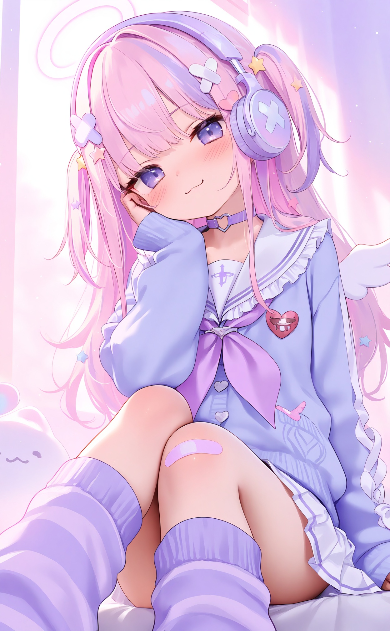 masterpiece,absurdres,best quality,loli,petite,high quality,chromatic_aberration,//,girl,headphones,halo,solo,wings,sailor collar,bandaid,heart,hair ornament,two side up,looking at viewer,bandaid on leg,purple eyes,angel wings,white sailor collar,skirt,loose socks,sleeves past wrists,blush,heart hair ornament,white skirt,smile,choker,socks,star hair ornament,purple hair,long sleeves,pastel colors,heart choker,bandaid on knee,frilled sailor collar,neckerchief,pink collar,sitting,striped socks,leg warmers,closed mouth,purple theme,virtual youtuber,:3,pleated skirt,mini wings,white wings,serafuku,school uniform,purple choker,hand on own face,pink hair,purple socks,frills,//,<lora:nai4zhengliu2——【noob】hans:0.88>,
