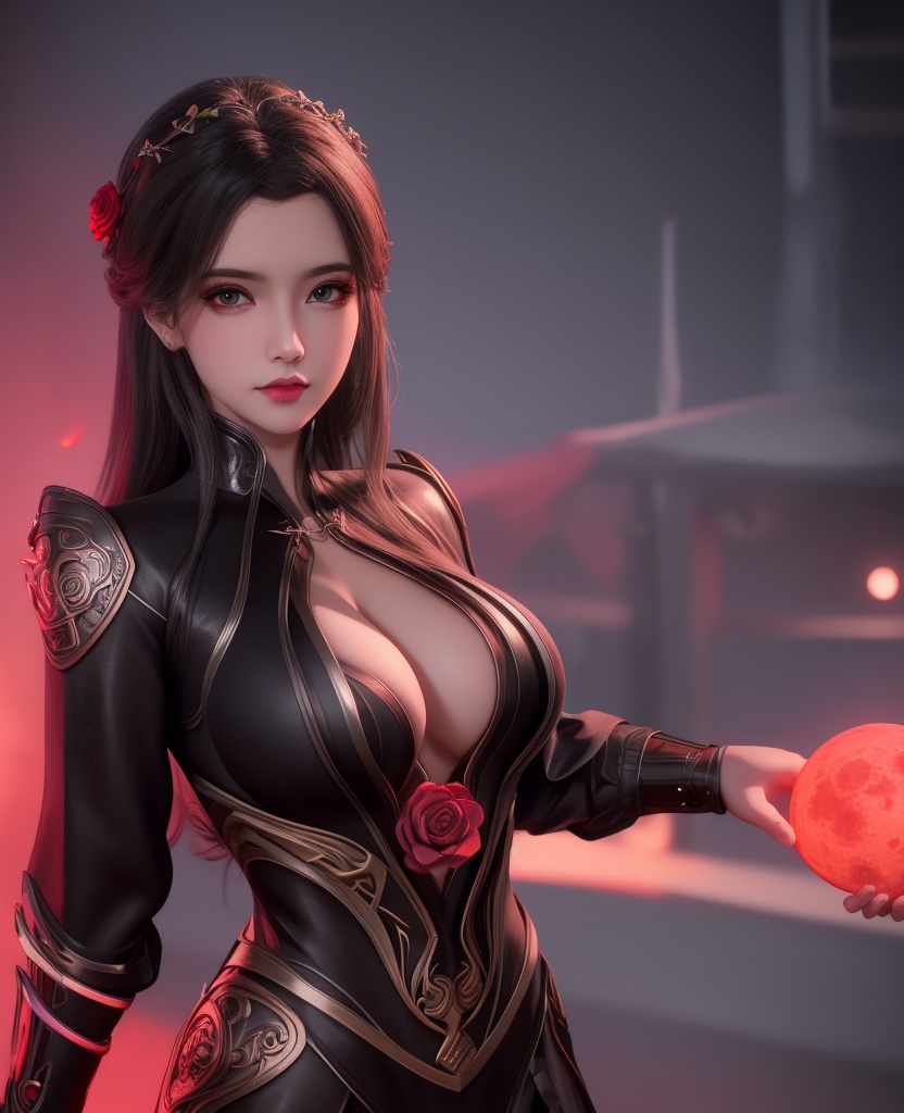 <lora:548-DA-师兄啊师克-碧霄:0.8>(,1girl, ,best quality, ),looking at viewer,  ,,ultra detailed background,ultra detailed background,ultra realistic 8k cg,, ,masterpiece, (( , )),, ,science fiction,mole, ,    ,red moon, black rose,     (cleavage), (),