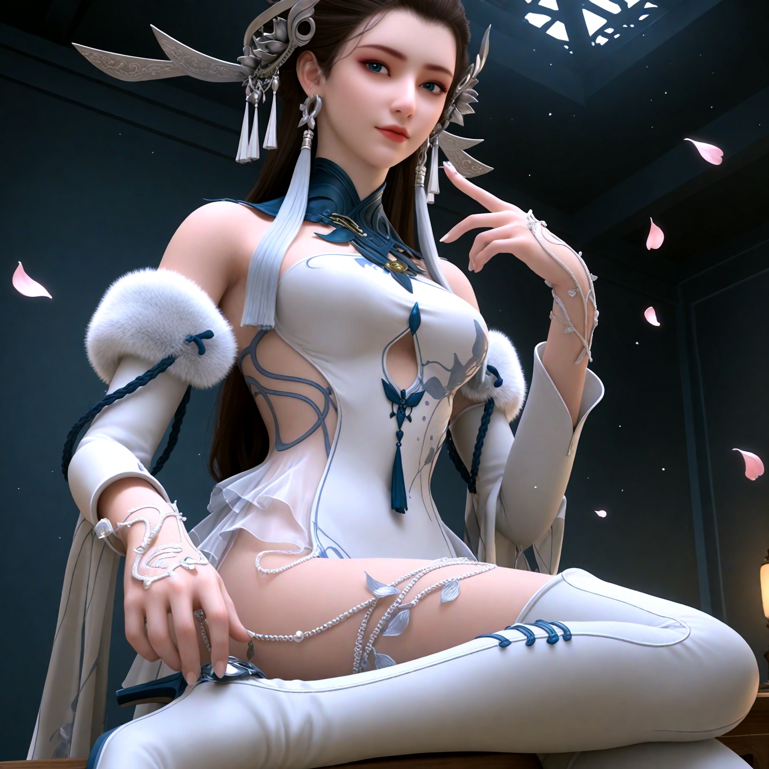 (looking_at_viewer:1.1),(masterpiece:1.1),(best quality:1.2),(intricate details),upper_body,backlighting,dim lighting,(smog:1.3),(backlighting:1.3),(Dark room:1.3),(dim lighting:1.3),peach blossom,falling petals,<lora:YQ_li光辉v5_白亦君_V1:0.8>,q1528437228,solo,1girl,long_hair,hair_ornament,dress,jewelry,bare_shoulders,brown_hair,earrings,realistic,white_dress,detached_sleeves,black_hair,blue_eyes,tassel,chinese_clothes,fur_trim,see-through,boots,high_heels,tassel_earrings,necklace,white_footwear,black_footwear,thighhighs,fingernails,fingers,masterpiece,(best quality),(intricate details:0.9) BREAK masterpiece,(best quality),(intricate details:0.9),(realistic skin:1.2),