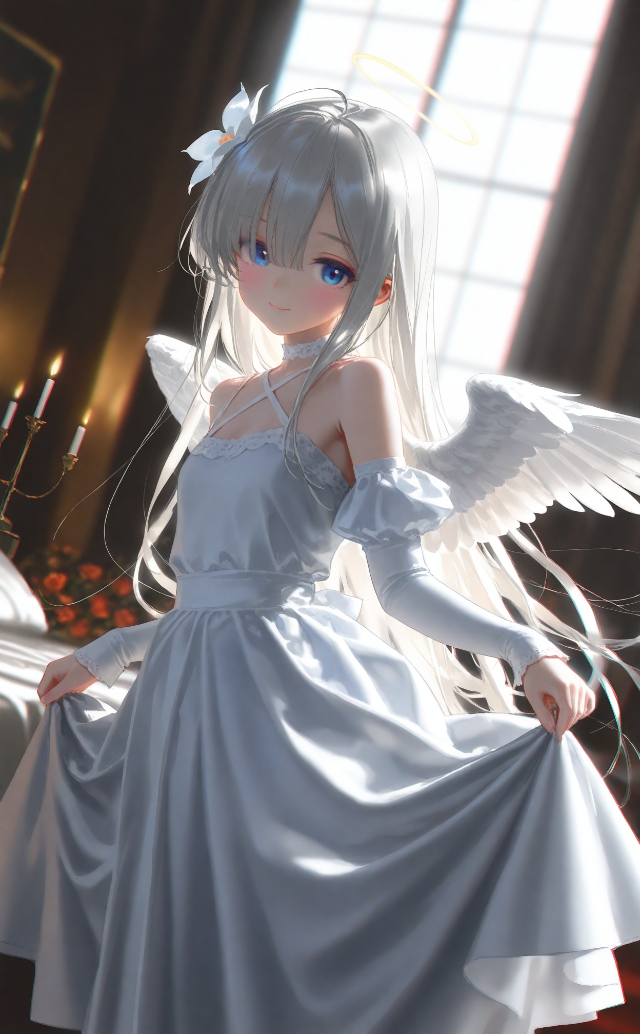 masterpiece,very aware,highres,absurdres,newest,best quality,loli,petite,high quality,chromatic_aberration,cinematic_angle,dutch angle, nyalia, //,artist:ciloranko,(artist:ningen_mame),(artist:sho_(sho_lwlw),(artist:rhasta),(artist:wlop),(artist:ke-ta)(hiten \(hitenkei\),//,1girl, solo, long hair, looking at viewer, blush, smile, bangs, blue eyes, hair ornament, dress, bow, bare shoulders, closed mouth, flower, ahoge, white hair, detached sleeves, wings, indoors, white dress, window, bed, white flower, feathered wings, angel wings, skirt hold, white wings, angel, candle, candlestand