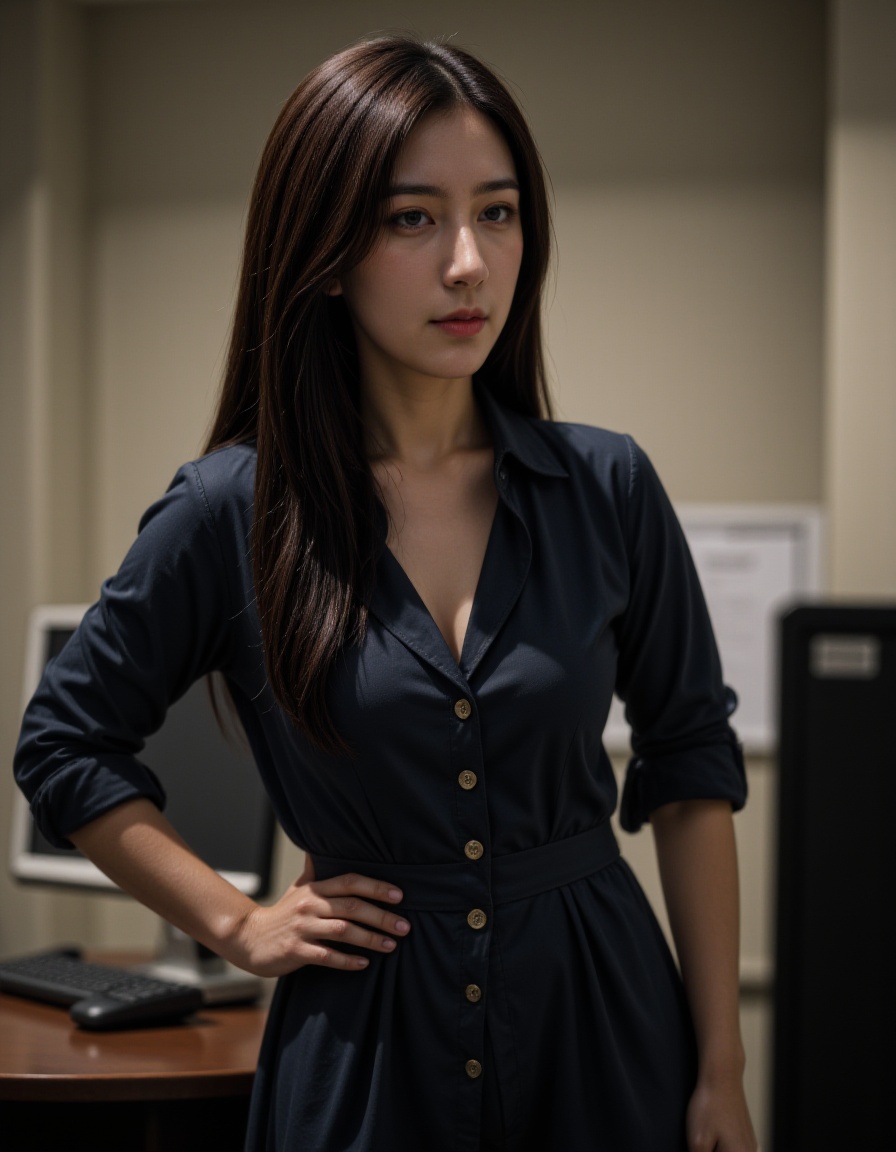 cinematic, 1woman, solo, (smirk:0.5), realistic, looking at viewer, upper body, dress, office,