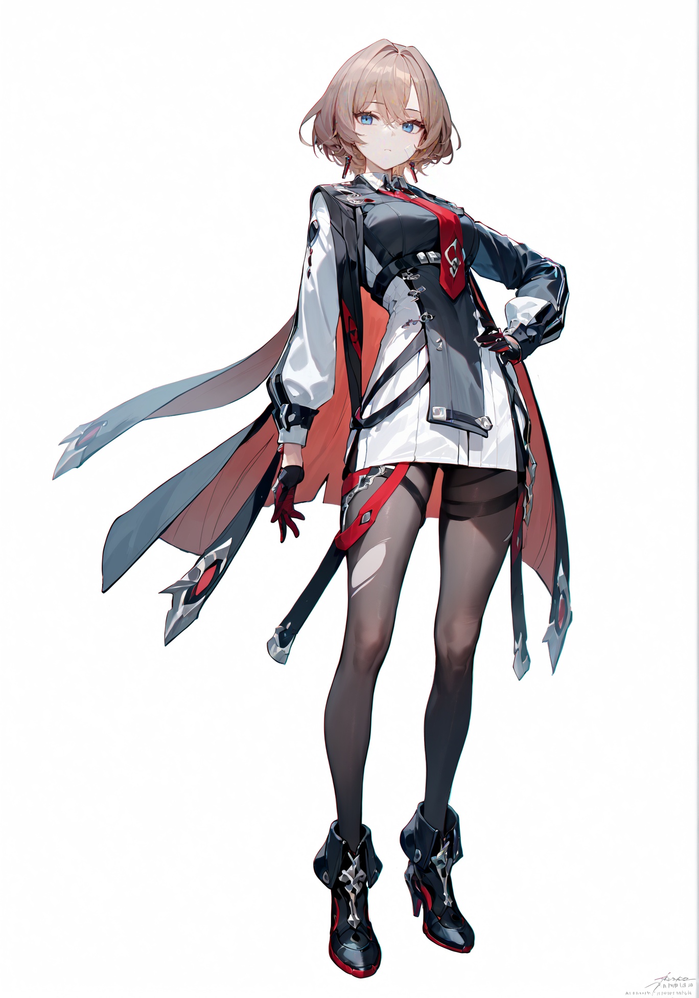 score_9, score_8_up, score_7_up, score_6_up, 8k, 8k, best quality, masterpiece, (ultra-detailed:1.1), (high detailed skin), (full body), ( white background:1.3), standing, looking at viewer, (solo), hand on hip, <lora:Lantern-pony-Tanger:0.8>, dengsfl,def clothes,brown hair,1girl,blue eyes,red necktie,gloves,pantyhose,black footwear,(beautiful_face), ((intricate_detail)), clear face, ((finely_detailed)), fine_fabric_emphasis, ((glossy)), full_shot, 