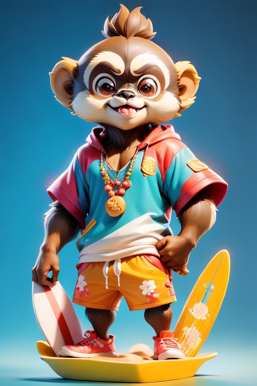 <lora:鲜创一派@猿酷侠:1>,(Anthropomorphic Hainan Gibbon,three-dimensional cartoon image), standing, one, wearing beach casual clothes, cool, fashionable, happy, trendy, hip-hop, blind box. Highest quality, masterpieces, masterpieces, award-winning works. Extreme detail. Solid color background. The perfect hand. Dark Skin, Surfing, 2024 Hainan International Cultural and C, 3d stely