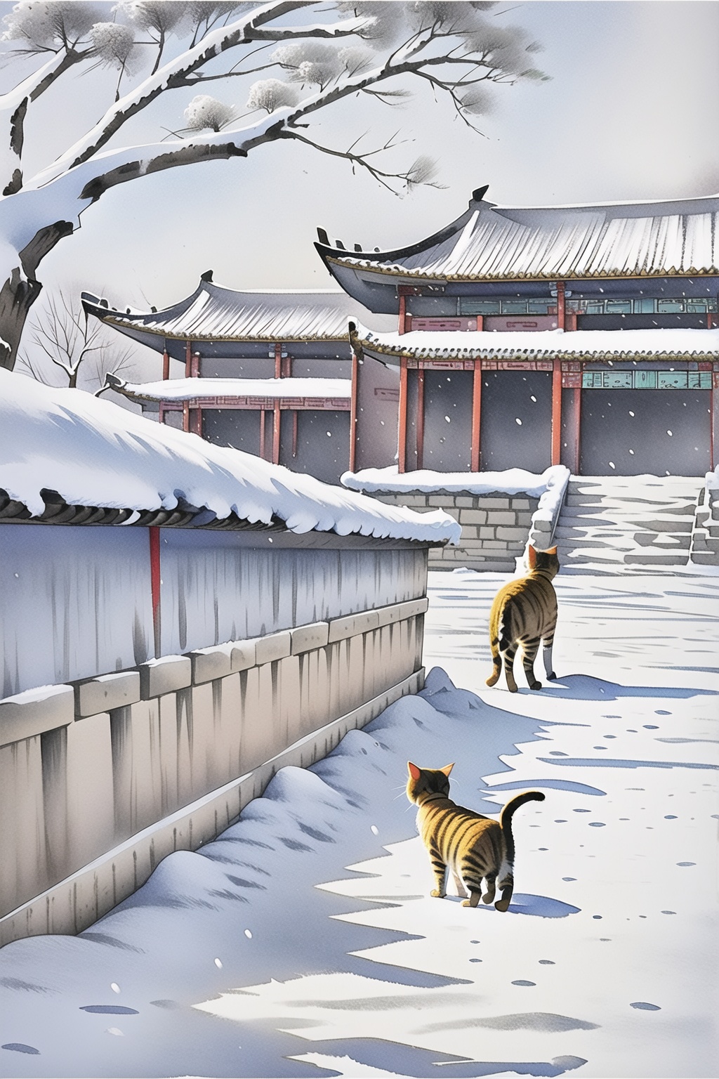 ycbh, snow, no humans, outdoors, tree, winter, cat, snowing, bare tree, day, animal, east asian architecture, animal focus, scenery, traditional media, architecture,<lora:ycbh4:0.8>,