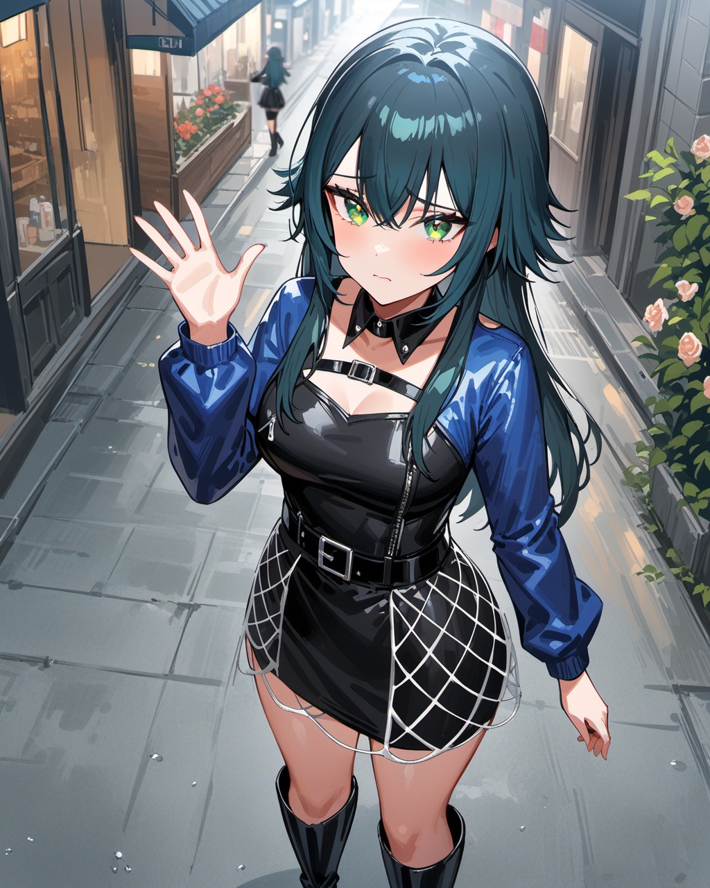 (impasto),best quality,masterpiece,highres,<lora:gakuenidolmaster1-A3:0.5>,temari tsukimura,temari three,(whtie long net cover skirt:1.3),1girl,green eyes,long hair,looking at viewer,full body,black footwear,standing,long sleeves,black belt,knee boots,black dress,belt,black hair,outdoor,city,rainning,waving,cry,upper body,looking at viewer,blurry foreground,flowers,blue sleeves,