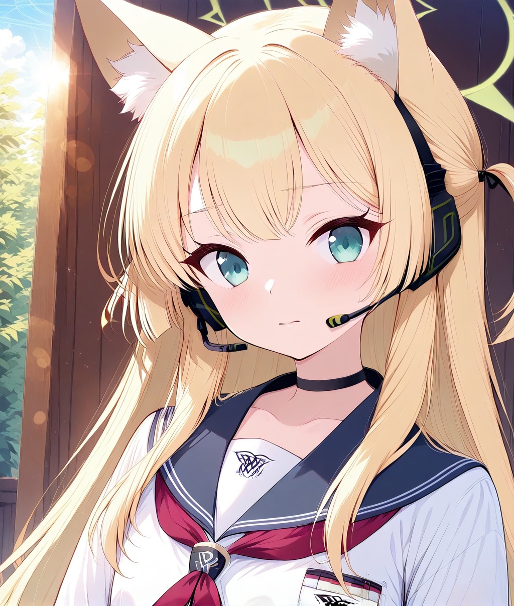 O,ultra detailed anime texture,Kurumi(blue archive),Kurumi(blue archive),1girl, animal ears, solo, green eyes, long hair, red neckerchief, headset, neckerchief, looking at viewer, blonde hair, sailor collar, school uniform, choker, animal ear fluff, black choker, upper body, serafuku, bangs, shirt, closed mouth, white shirt, halo, cat ears, blue sailor collar, sunset, earpiece, black sailor collar, outdoors, looking to the side,(aesthetics ),masterpiece,best quality,ultra high definition,32K resolution,clear focus,delicate details,high-end texture,fashion photography,film perspective,rich colors,color palette,advertising style,tension composition,masterpiece,mild atmosphere,latest,dynamic Dutch perspective,transparent composition,magazine cover,cover,