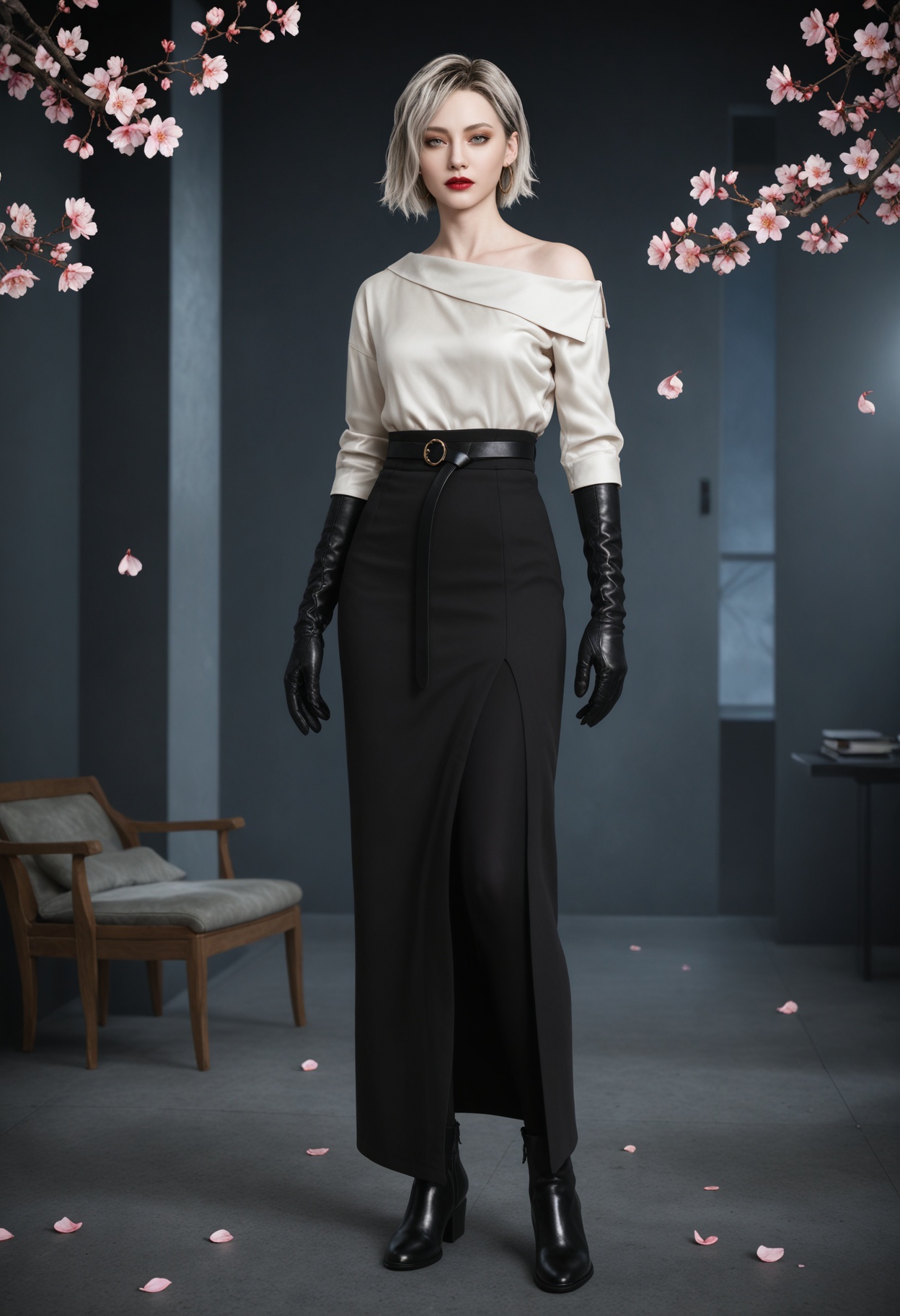 (standing full_body:1.1),(looking at viewer:1.1),masterpiece,(best quality),smog,Dark room,dim lighting,peach blossom,falling petals,<lora:YQ_Illustrious光辉v5_格蕾丝_V1:0.8>,q1528437228,solo,1girl,short hair,shirt,earrings,jewelry,blonde hair,gloves,black gloves,white shirt,grey eyes,hoop earrings,skirt,grey hair,red lips,black skirt,belt,long sleeves,long skirt,brown eyes,pants,black footwear,black hair,boots,elbow gloves,lipstick,blue eyes,multicolored hair,off-shoulder shirt,