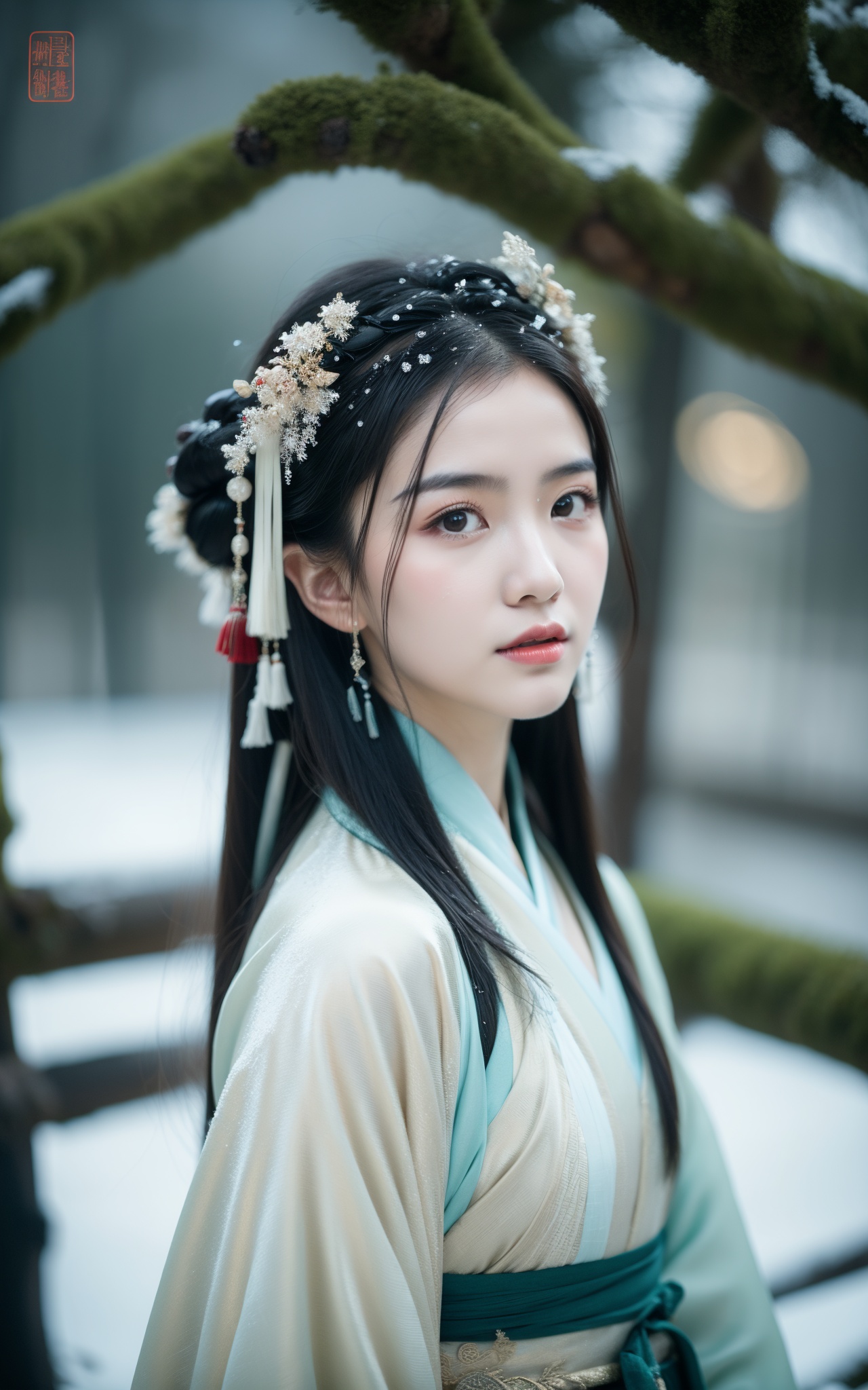 cinematic film still,bare_tree,branch,tree,snow,1girl,silk,winter,snowing,artist_name,chinese girl,wearing a hanfu head,chinese ancient hair accessories,gorgeous ornaments,. shallow depth of field,vignette,highly detailed,high budget,bokeh,cinemascope,moody,epic,gorgeous,film grain,grainy,