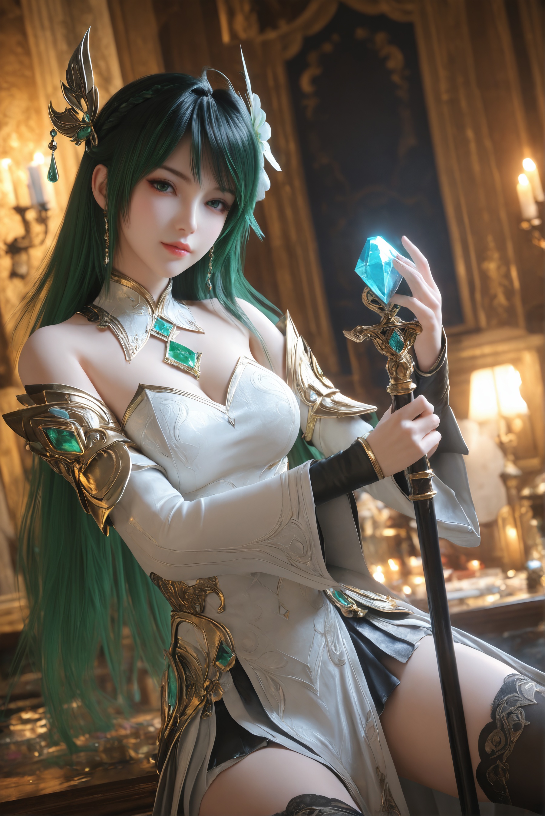 score_9,score_8_up,score_7_up,best quality,masterpiece,3d,ultra-detailed,high resolution,perfect lighting,flawless skin,sharp focus,Exquisite Craftsmanship,High-Resolution Beauty,Unparalleled Artistic Quality,extremely detailed CG unity 8k wallpaper,1girl,solo,<lora:林紫玥-药师白装:0.7>,bare shoulders,black hair,detached sleeves,dress,gem,green hair,hair ornament,long hair,looking at viewer,thighhighs,white dress,