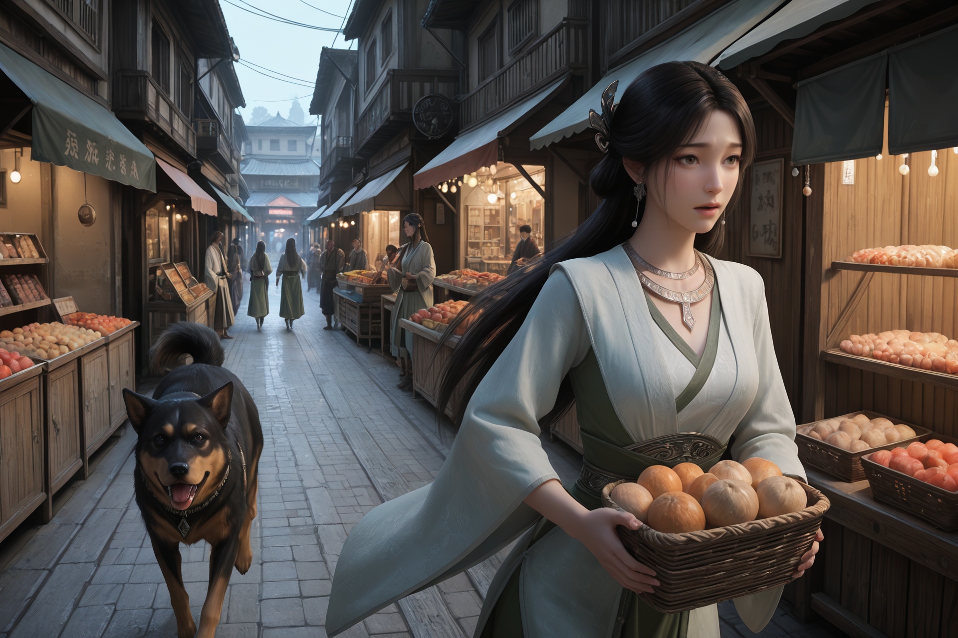 masterpiece,best quality,realistic,from_side,cinematic_angle,outdoors,alley,shop,market,stall,people,<lora:illustrious-梅凝-v1.6:0.65>,1girl,meining,black hair,long hair,jewelry,hair ornament,earrings,necklace,hanfu,holding_basket,scared,fleeing,a dog,fierce dog,pursue,