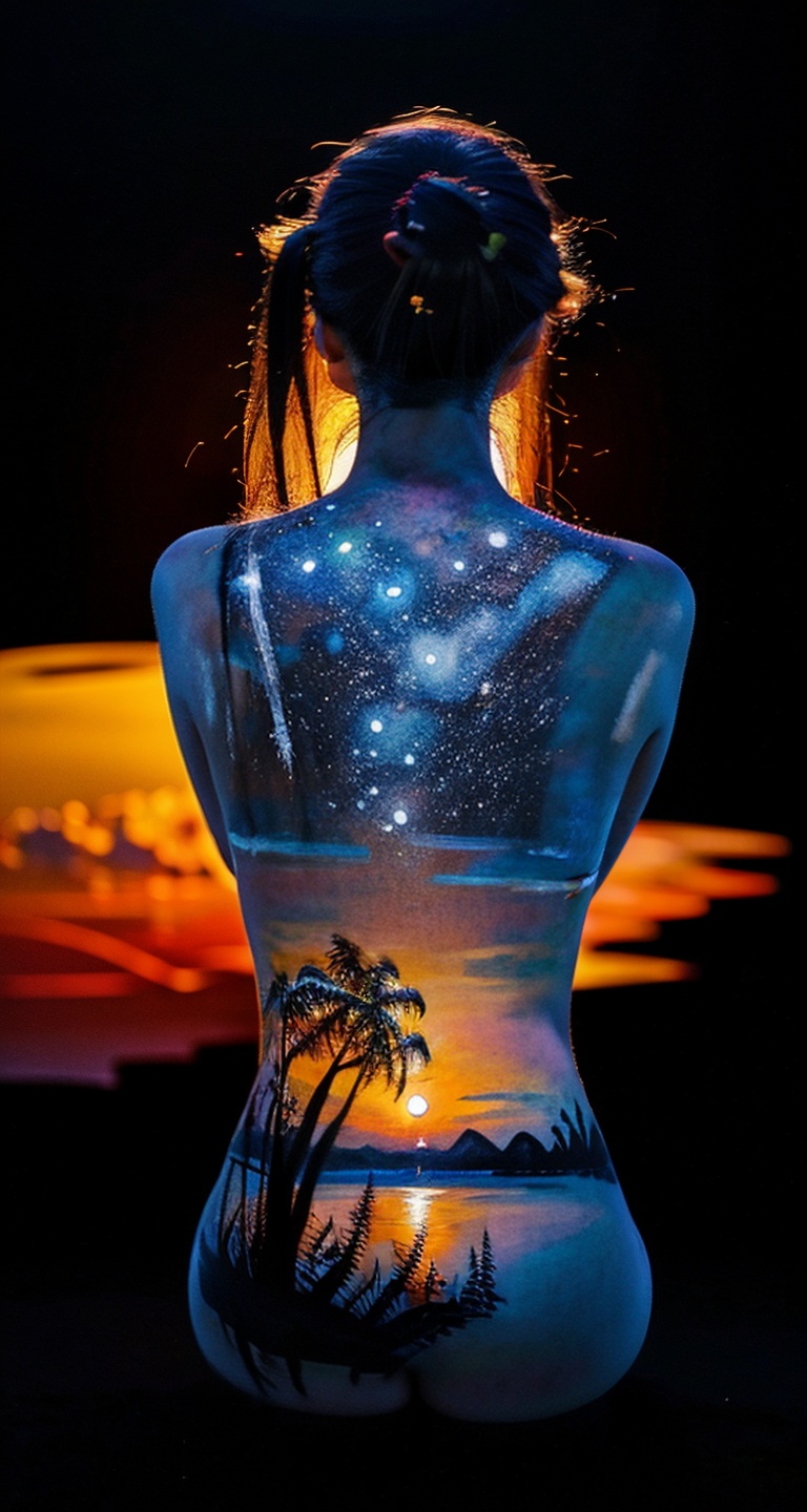 ((masterpiece)),((best quality)),(phot-relistic:1.4),8k,RAW photo,absurdreshyperdetailed,realistic,bokeh,depth of field,(Foreground blur:1.3),Deep Shadow,negative space,Minimalism,film grain,horror photography,vintage tone,high contrast,(dark blue theme:1.1),professional photography photos,emptiness,looking at viewer,((nude)),1girl,elegant,(sad:1.2),lazy,gloom,huge breasts,looking at viewer,walking, full body, double bun, ponytail,((Human fluorescence painting))Portrait photography of a captivating young anime girl,back,Stars, the sea, palm trees, <lora:aluoye_202312222人体荧光彩绘:0.9>