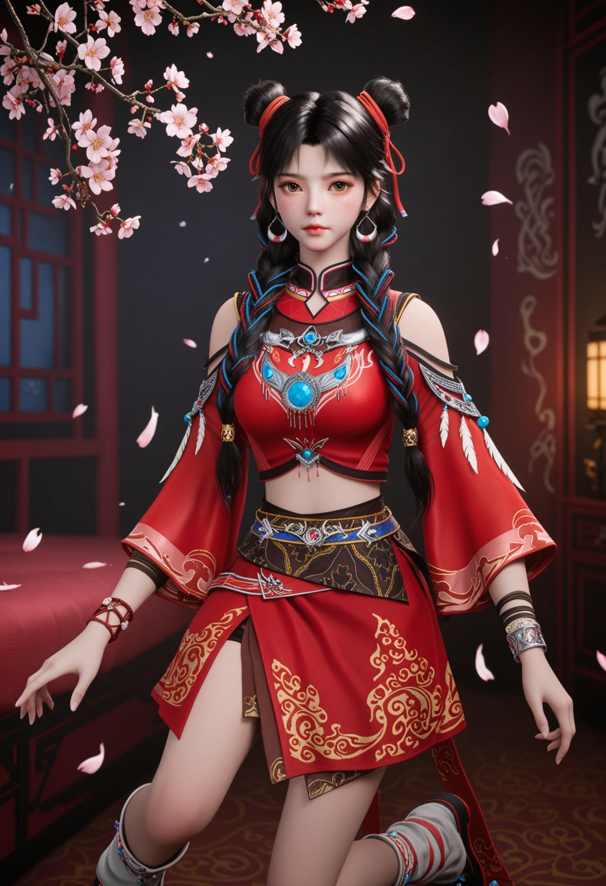 (standing full_body:1.1),(looking at viewer:1.1),masterpiece,(best quality),smog,Dark room,dim lighting,peach blossom,falling petals,<lora:YQ_Illustrious光辉v5_白落衡_V1:0.8>,q1528437228,solo,1girl,jewelry,black hair,long hair,earrings,hair bun,braid,ribbon,hair ribbon,twin braids,double bun,brown eyes,chinese clothes,multiple braids,bracelet,crop top,skirt,multicolored hair,feathers,dress,red ribbon,red skirt,single hair bun,red dress,hair over shoulder,leg warmers,socks,shirt,brown hair,red shirt,necklace,freckles,shoes,long sleeves,detached sleeves,hair ornament,china dress,black eyes,multi-tied hair,wide sleeves,ribbon braid,black footwear,