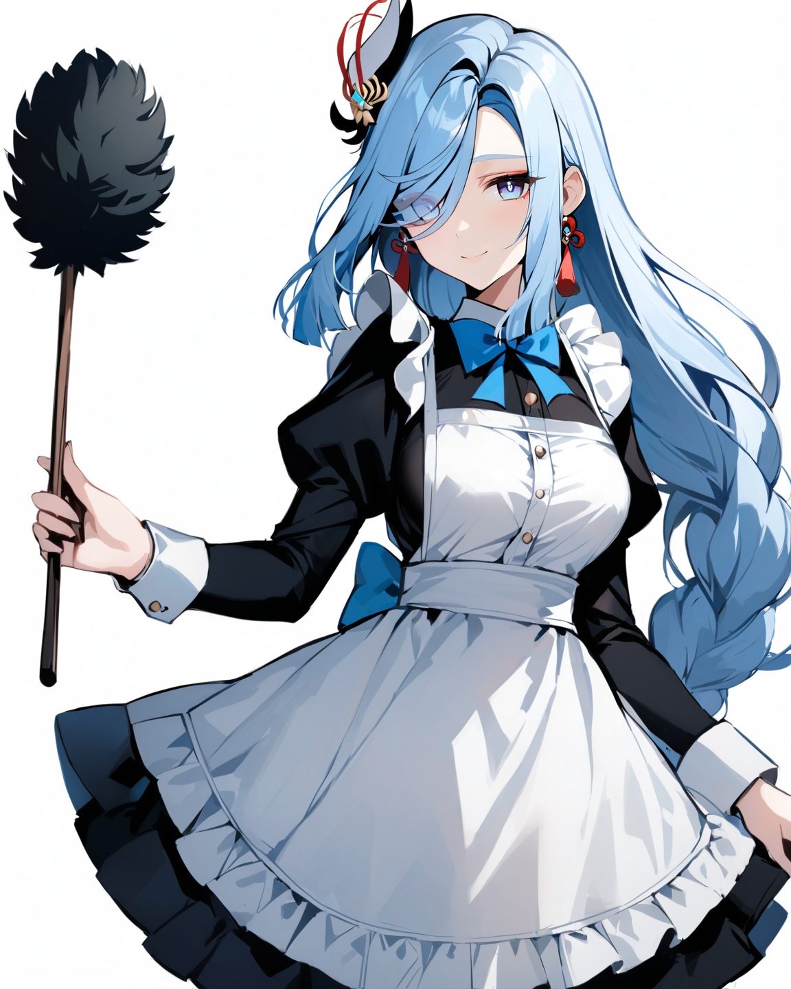 <lora:原神申鹤60XL_v10:0.8>,shenhe, genshin impact, 1girl, solo, shenhe \(genshin impact\), blue bow, hair over one eye, maid, long hair, blue bowtie, smile, apron, white background, long sleeves, bow, eyes visible through hair, breasts, looking at viewer, alternate costume, hair ornament, simple background, puffy sleeves, duster, blue eyes, closed mouth, enmaided, bowtie, large breasts, bangs, holding, dress, frills, black dress, juliet sleeves, very long hair, white apron, masterpiece, best quality