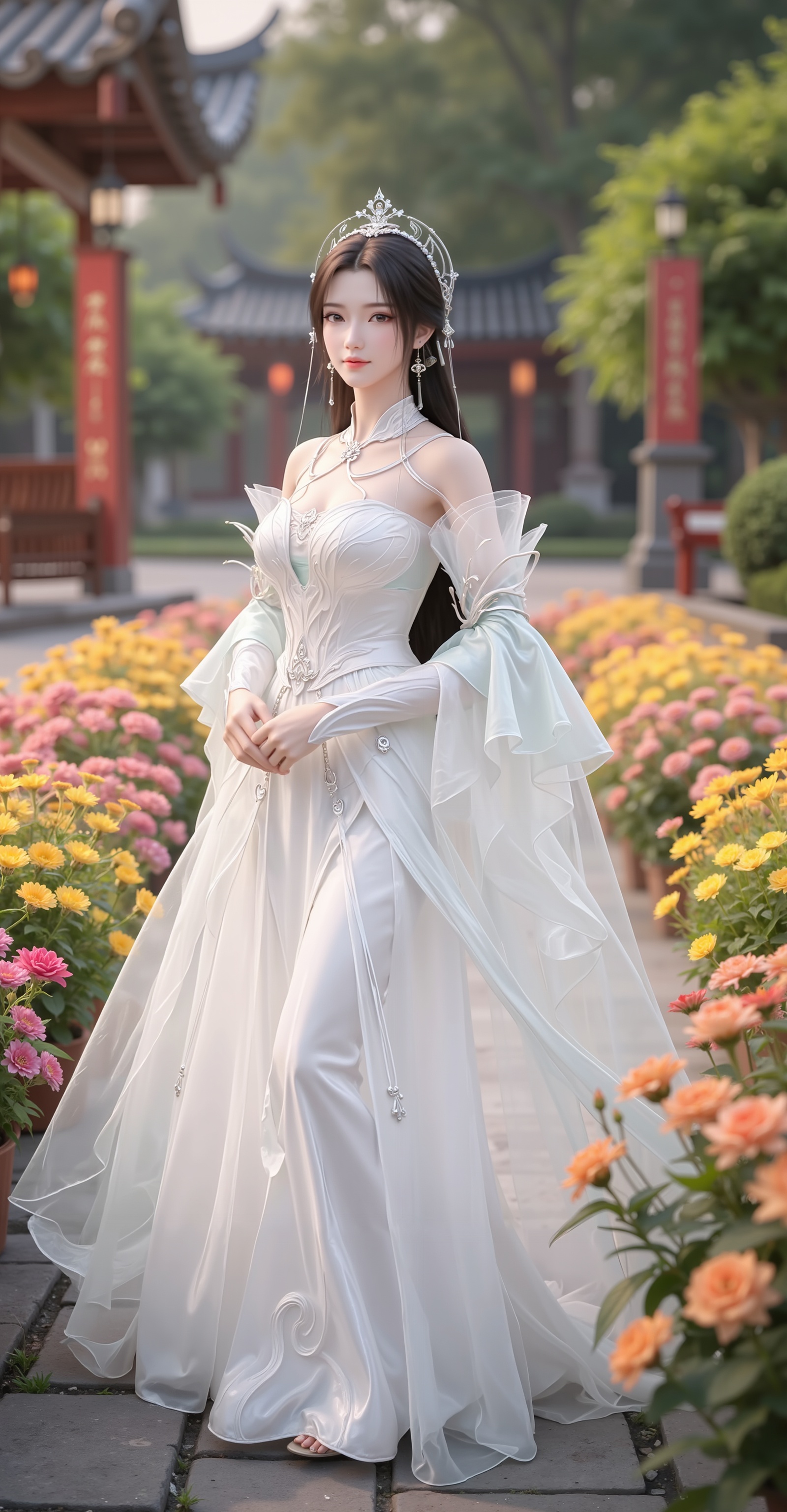 <lora:清漪·新建模6:1.1>,qingyi,(cowboy_shot:1.2),In "Perfect World",Qingyi,dressed in a magnificent white dress,strolls leisurely among the vibrant flower beds. Her extraordinary and refined demeanor,like a fairy descending to the mortal world,adds a touch of mystery and perfection to this beautiful picture,captivating the heart and soul.,<lora:DJ滤镜_2.5D版:0.2>,lvjing,<lora:油画唯美滤镜15:0.3>,baoshi,