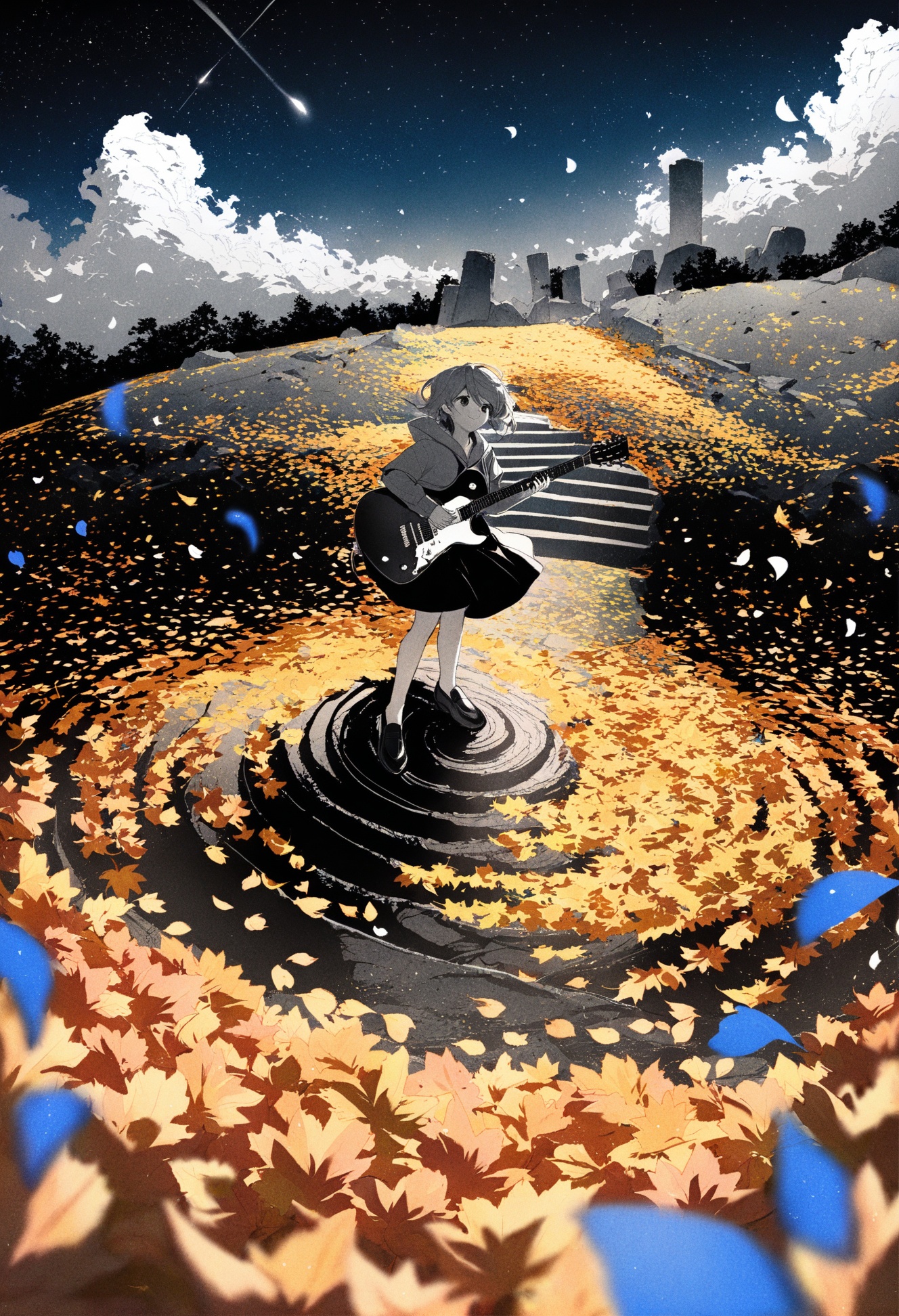 masterpiece, best quality,solo, 1girl, monochrome, spot color, short hair, abstract, greyscale ,flower, sky, scenery, outdoors, star (sky), starry sky, blue flower, field, cloud, night, petals, night sky, building, flower field, ruins, solo, instrument, sitting, shoes, leaf, hood down, guitar, hood, outdoors, hoodie, loafers, autumn leaves, stairs, holding instrument, school uniform, holding, long sleeves, playing instrument, music, falling leaves, autumn, day, tree, bangs, smile, dutch angle, electric guitar, plectrum, cloud, sky, outdoors, scenery, solo, reflection, tree, blue sky, leaf, day, autumn leaves, dress, water, cloudy sky, standing, wide shot, petals, autumn, shoes, ripples, blue dress, falling leaves, short sleeves, blurry ,<lora:potgXLlokr4f-000143:1> <lora:sd_xl_dpo_lora_v1-128dim:1>