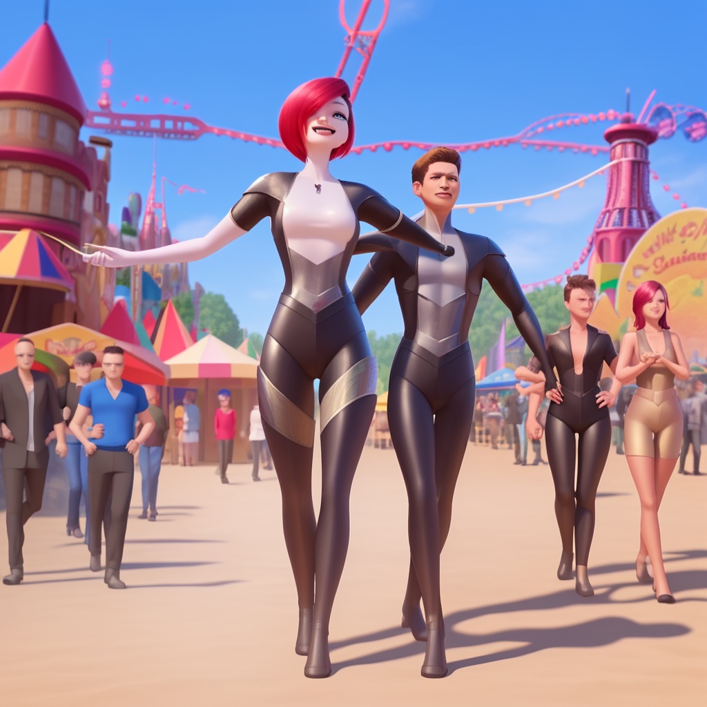 qijimiss(IP), kwamiss, 3D rendering, European and American cartoon style, kwamiss walking forward, body facing the audience, half body, arms out0.7etched, mouth open and smiling, single focus, daytime, blue sky, multiple people Road, road with a lot of sand, outdoor amusement park scene, <lora:kwamiss v1-000002:0.7>