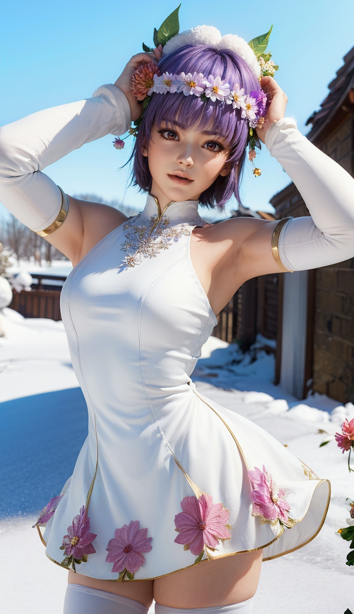 masterpiece,highres,1girl,solo,sfw,<lora:add_detail:0.3>,thighhighs,((beautiful Dress+stocking):1.25),((flower headdress:1.45)),((white theme:1.5)),snow,outdoors,snowflakes,sleeveless,3D graphics,looking_at_viewer,ayane,front view,<lora:ayane-000004:0.7>,