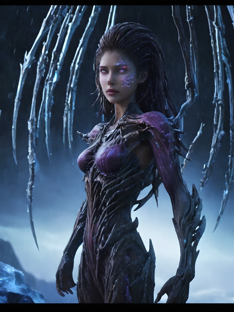 beautiful eyes,(full body:2),((Best quality)),((Masterpiece)),high face details,8k,1girl,kerrigan,tail building,(car:1.3),<lora:kerrigan-sdxlv1:1.1>,dramatic lighting,high contrast,sultry expression,Detailed texture,magma planet,