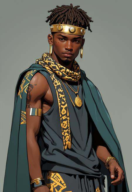 character concept art with dynamic poses for a young African Prince hair of braids,  wearing track suit,  tribal print clo...