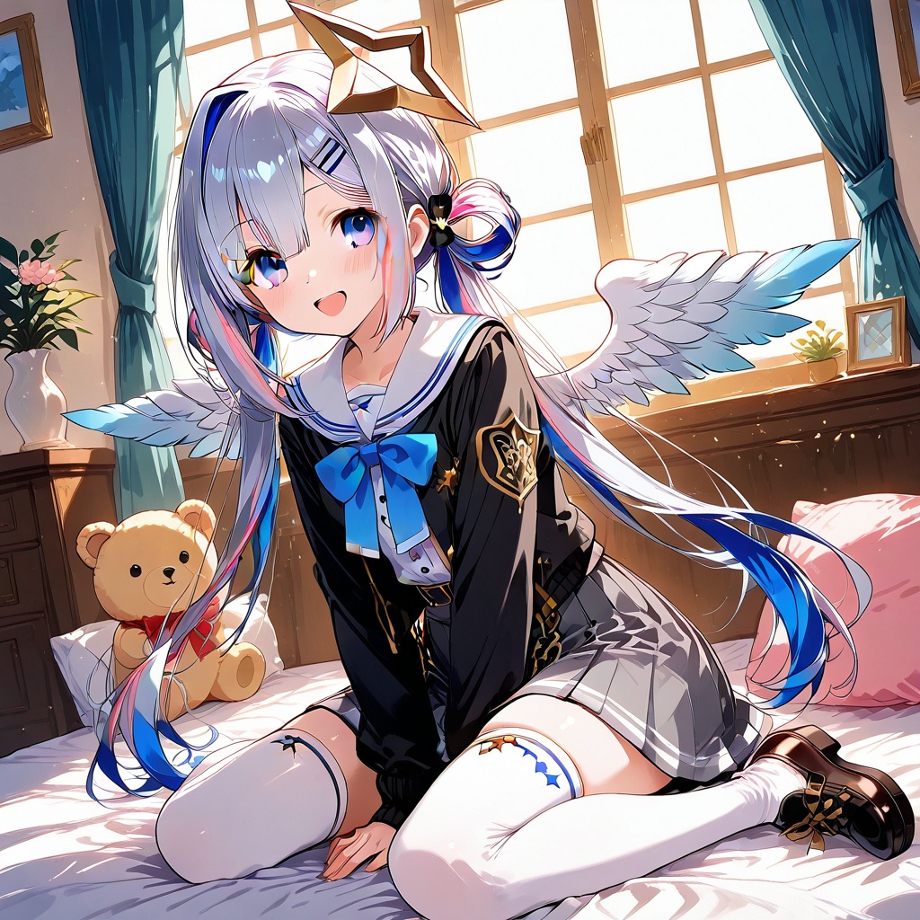 Melting,1girl, amane kanata, virtual youtuber, star halo, solo, thighhighs, wings, multicolored hair, stuffed toy, skirt, colored inner hair, purple eyes, white thighhighs, smile, blue hair, stuffed animal, angel wings, grey hair, looking at viewer, halo, long hair, shoes, sitting, sailor collar, white sailor collar, long sleeves, black footwear, open mouth, pink hair, angel, twintails, blush, white wings, :d, bow, full body, black jacket, streaked hair, wariza, blue bow, pleated skirt, bowtie, shirt, bangs, school uniform, feathered wings, teddy bear, jacket, white hair, official alternate hairstyle, hair ornament, indoors, grey skirt, between legs,(UHD),anatomically correct,ccurate,textured skin,super detail,high details,award winning,best quality,high quality,retina,16k,HD,1080P,8k,