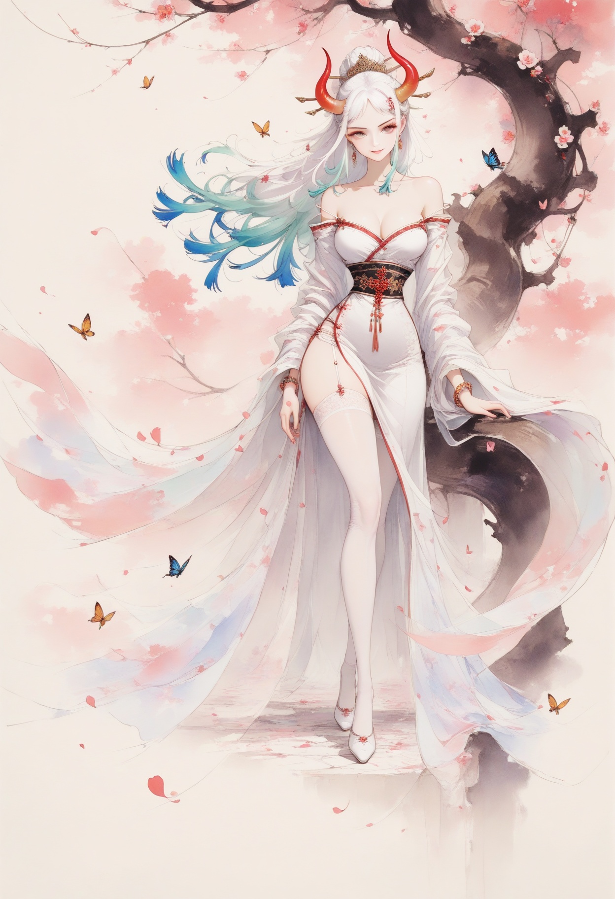 colorink,masterpiece,best quality,amazing quality,very aesthetic,sharp focus,high-end texture,(very awa,year 2024,newest,highres,absurdres),Yamato,Yamato\(one piece\),horns,multicolored hair,white hair,1girl,solo,long hair,narrow waist,long eyelashes,earring,smile,looking at viewer,lips,dress,seductive smile,parted lips,jewelry,hair clip,bracelet,hair ornament,flower,***,butterfly,falling petals,ace-trim,garter straps,thighhighs,full body,dynamic pose,(strap slip),off shoulder,long_sleeves,chinese_clothes,white hanfu,simple background,