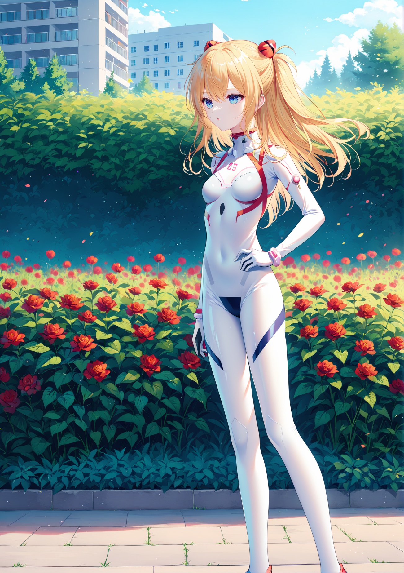 (masterpiece), (best quality), illustration, ultra detailed, hdr, Depth of field, (colorful),[rimuu:0.6, sheya:0.5,haneru,]Evasuit08,plugsuit,white bodysuit,1girl, souryuu asuka langley, blonde hair, blue eyes,standing,garden,<lora:Eva08XLAni3:1>