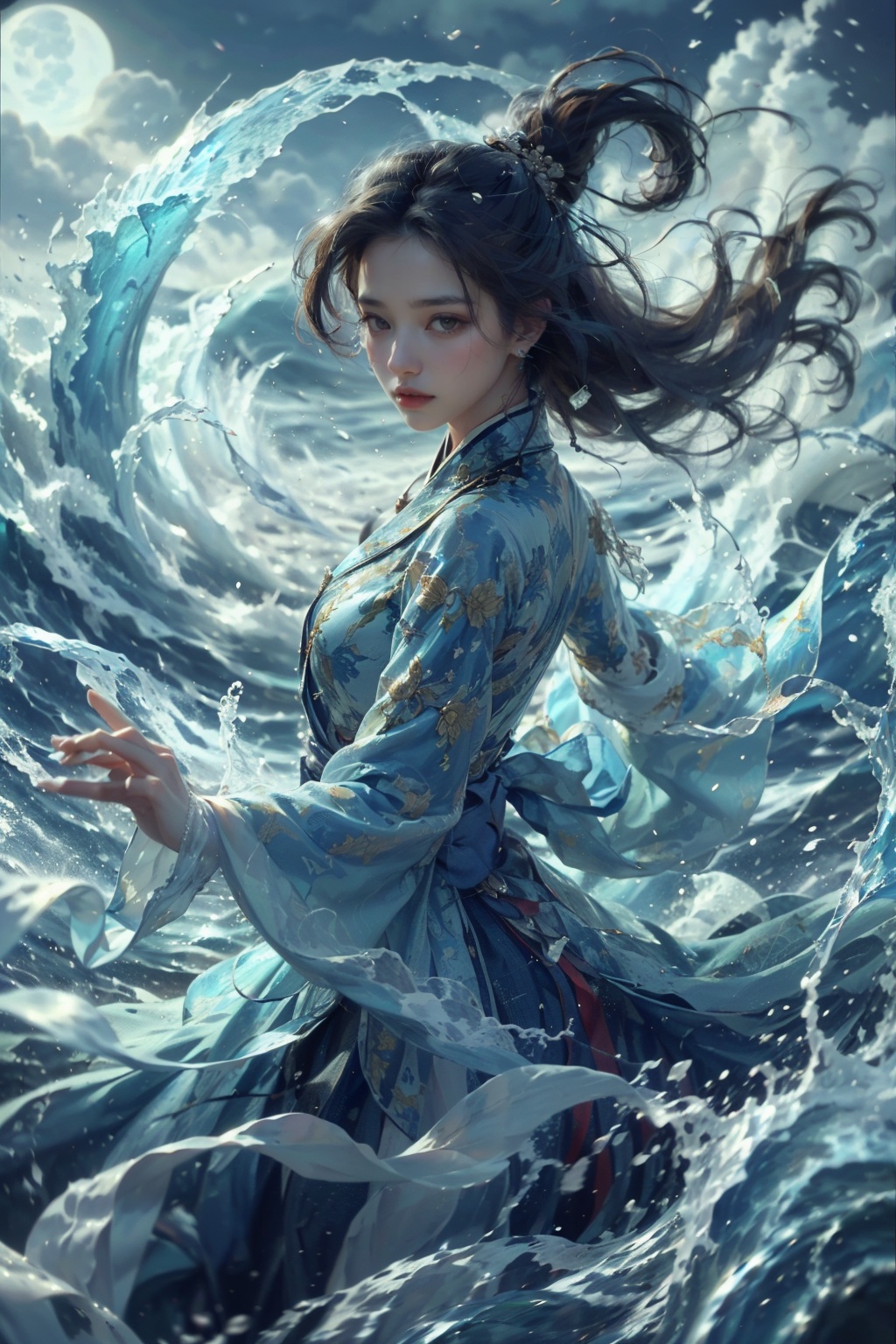 haifeisiv6,  painting of a woman in a flowing dress in the ocean,  cgsociety and fenghua zhong on Tensor.Art
