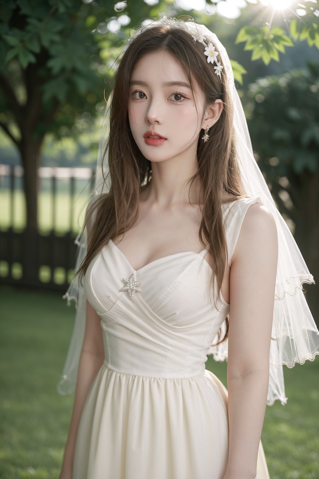 Best Quality,Masterpiece:1.4),(Realism:1.2),(Realisitc:1.2),(Absurdres:1.2),4K,(photorealistic:1.3),Detailed,Ultra-Detailed,1girl,church,lawn,outdoor,wedding,(whole body:1.4),gauze headscarf,((Huge chest)),(Long Wavy Hair),hunsha,veil,Earrings,Jewelry,(SunLight:1.4),Flowers,Hair Ornaments,<lora:YG梦中婚纱2:0.7>,