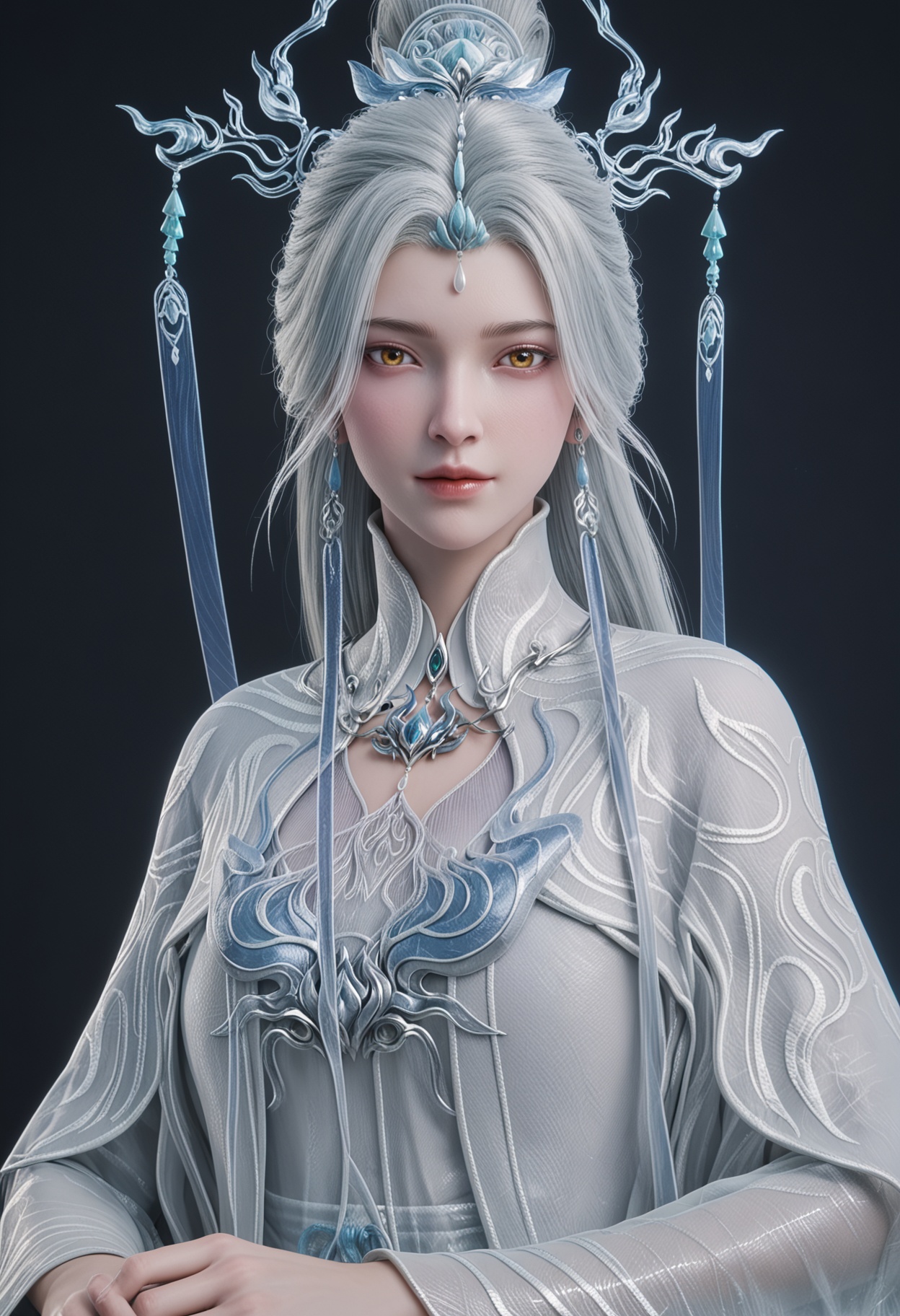 (upper_body:1.2),score_9,score_8_up,masterpiece,(best quality),intricate details,facing viewer,(looking at viewer:1.1),<lora:YQ_pony_jianma_fuzhuang2_V4:0.8>,q1528437228,solo,1girl,white hair,long hair,jewelry,hair ornament,earrings,hair bun,chinese clothes,dress,long sleeves,white dress,yellow eyes,wide sleeves,forehead mark,brown eyes,robe,single hair bun,tassel,facial mark,BREAKscore_9,score_8_up,masterpiece,(best quality),perfect anatomy,(hourglass),perfect face,(simple background,pure black background,black background:1.1),fair_skin,shiny_skin,Ivory_skin,