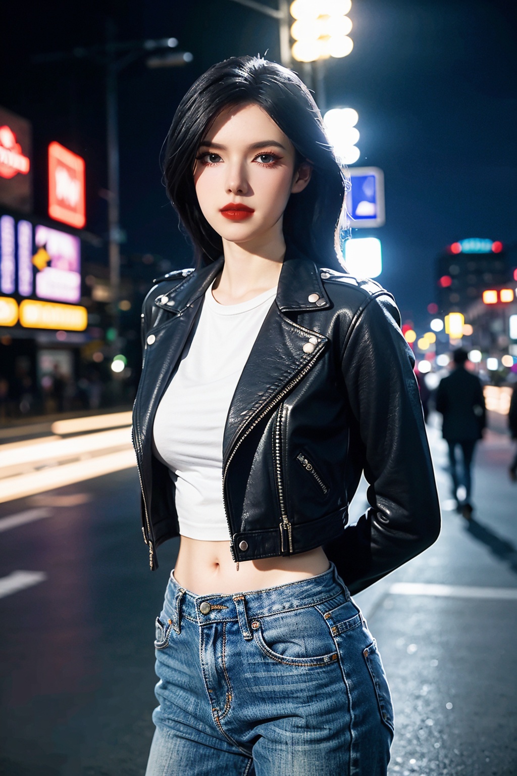 1girl,solo,closed mouth,wavy medium hair,makeup,red lips,(leather jacket on shoulders),(white shirt),blue jeans,(arms behind back),(looking at viewer),outdoors,night,cityscape,hong kong,road,neon trim,(retro artstyle),((cowboy shot)),3d,game cg,Highly detailed,(best quality:1.5,masterpiece:1.5),<lora:zhouyi:0.8>,zhouyi,
