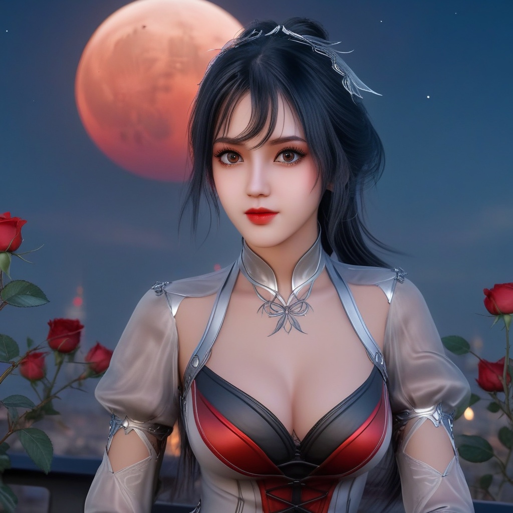 <lora:707-DA-XL-斗罗大陆-唐舞桐:0.8>(,1girl, ,best quality, ),looking at viewer,  ,,ultra detailed background,ultra detailed background,ultra realistic 8k cg,, ,masterpiece, (( , )),, ,science fiction,mole, ,    ,red moon, black rose,     (cleavage), (), 