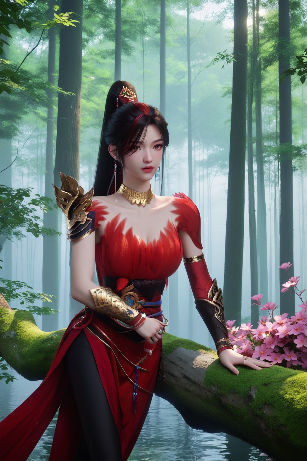(Balancing on a fallen tree trunk in a misty forest, she blends effortlessly with the enchanting surroundings:1.2),looking at viewer,<lora:XL16神国之上赵襄儿:0.85>,miss zhaoxianger,red wrap dress,brown eyes,black hair,red streaked hair,high ponytail,very long hair,jewelry,single pauldron,feathers trim,sash,bracer,claw rings,black skinny pants,(large breasts:1.2),tree,flower,pink_flower,water,stone,flowers_Surrounded,pondel,, score_9,score_8_up,score_7_up,score_6_up,score_5_up,score_4_up,3d rendering,tag1,tag2, Cinematic Lighting,backlighting,