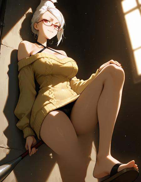 masterpiece,  best quality, 1girl, solo,  absurdres, large breasts, SeikoDG,red eyes, white hair, red-framed eyewear,halterneck, yellow sweater, off-shoulder sweater,holding bat, from below , resting back against a wall, one foot propped up, confident smirk, , blurry background, glowing, light particles,embedding:SmoothQuality, 