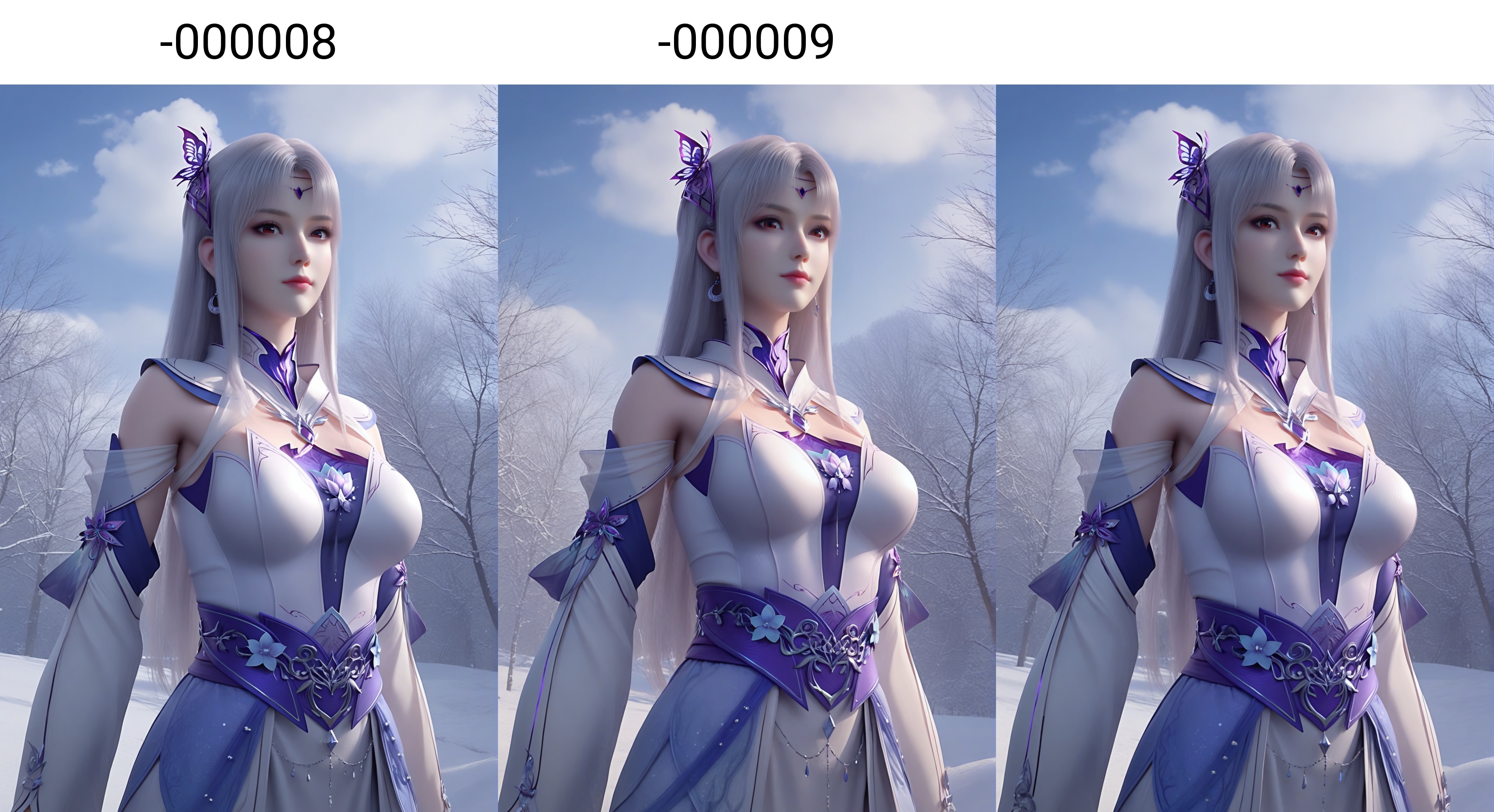 (score_9),<lora:小医仙白-apony-000008:0.83>,xiaoyixian,solo,1girl,hair ornament,long hair,silver hair,headpiece,butterfly hair ornament,crescent earrings,detached collar,chest jewel,dress,detached sleeves,jewelry,<lora:Expressive_H-000001:0.8>,light blush,looking at viewer,front view,red eyes,dutch angle,dynamic_angle,from below,pov,hand on hip,closed mouth,day,cloud,(mature_female:1.2),collarbone,pointy breasts,puffy breasts,(large teardrop breasts),<lora:e肤色滑块:0.5>,fair_skin,(pale_skin),(white_skin),<lora:e色温:0.35>,light skin,ultra-detailed skin texture,detailed textures,<lora:皮肤凹痕:1.2>,BREAKsimple background,in snow,Tyndall effect,available light,depth of field,tree,snowflakes,branch,twig,4K ultra HD,sharp focus,high detail,natural lighting,high contrast,