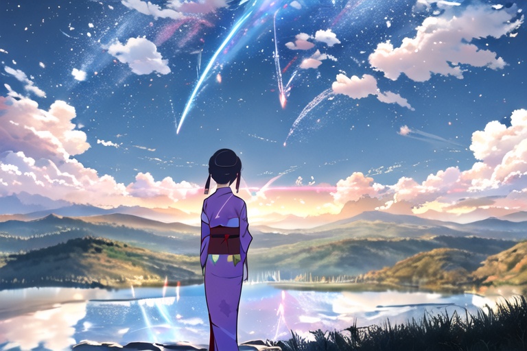 dream, New Haicheng Animation Style, hat, outdoors, japanese clothes, sky, cloud, kimono, from behind, tree, night, star \(sky\), night sky, scenery, starry sky, mountain, silhouette, shooting star, miyamizu mitsuha