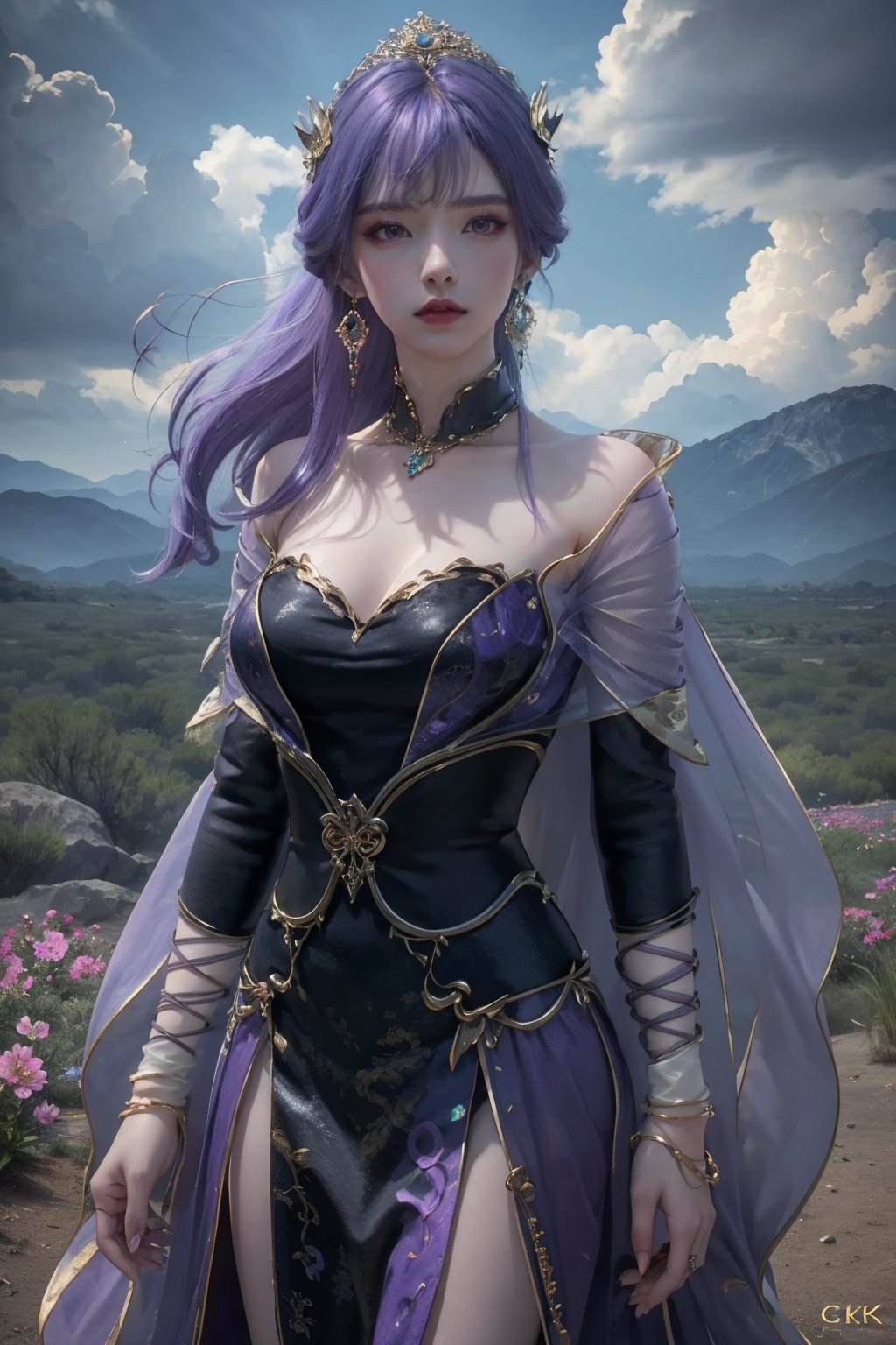 masterpiece,best quality,official art,extremely detailed CG unity 8k wallpaper,realistic,<lora:天穹:0.6>,1girl,dress,solo,jewelry,long hair,hair ornament,earrings,black dress,looking at viewer,flower,light purple hair,light rays,day,desert,air bubble,
