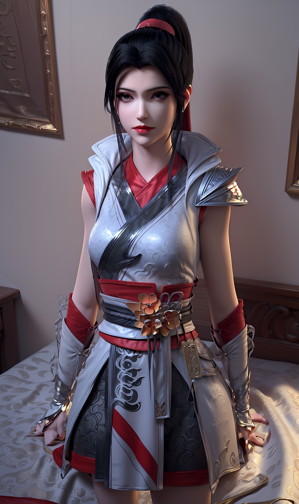 3D,masterpiece,(best quality),(makeup),official art, extremely detailed cg 8k wallpaper,((crystalstexture skin)), (extremely delicate and beautiful),(highly detailed),(face),(ponytail),(collar),(1girl), (solo), (jewelry), (earrings),(black_hair),(long_hair),(hair_ornament),(handwear),(wristband),(breast),((standing)),((upper_body)),(dress),(shorts_under_skirt),(chinese_clothes),(multicolored_clothes),(multicolored_dress),,(shiny_clothes),(sash),(armored_dress),(closed_mouth),(room,bed),((looking_at_viewer)),((Facing the camera)),, <lora:hipoly3DModelLora_v10:0.3>