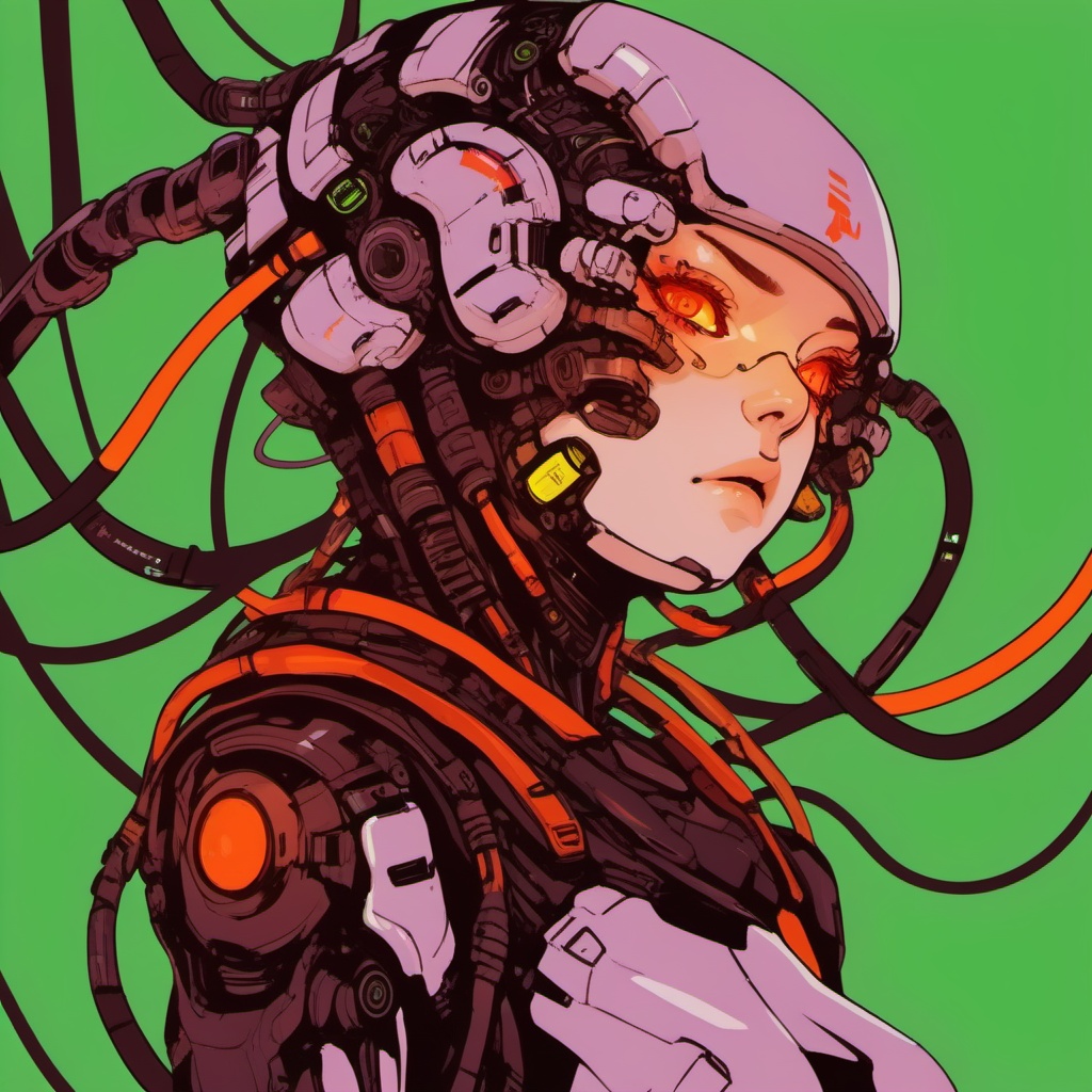 gzly, 1girl, solo, cyberpunk, simple background, upper body, orange eyes, science fiction, green background, red eyes, breasts, yellow background,<lora:jjnh-000008:0.8>,