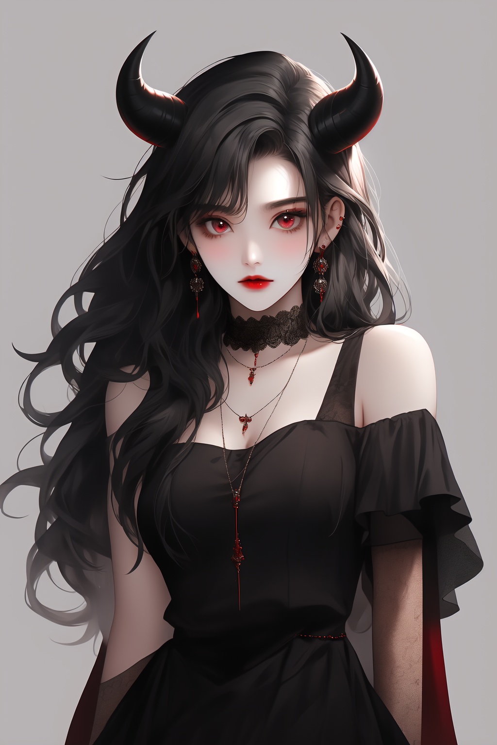 ShenMi, 1girl, black hair, jewelry, red eyes, arm up, long hair, looking at viewer, bracelet, earrings, necklace, red lips, bare shoulders, grey background, solo, breasts, black nails, horns, off shoulder, dress, sleeveless, gothic style<lora:ShenMi7:0.8>