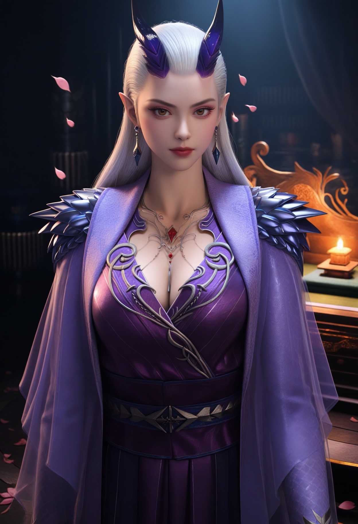 masterpiece,best quality,amazing quality,very aesthetic,high resolution,ultra-detailed,absurdres,scenery,photorealistic,(looking at viewer:1.1),upper body,(Dark room:1.3),(moody lighting:1.1),peach blossom,falling petals,(large breasts:0.8),monasuo,1girl,solo,white hair,long hair,jewelry,horns,earrings,pointy ears,necklace,closed mouth,dress,makeup,purple dress,long dress,long sleeves,red lips,brown eyes,barefoot BREAK photorealistic details,<lora:QQSillmonasuoV1:0.8>,
